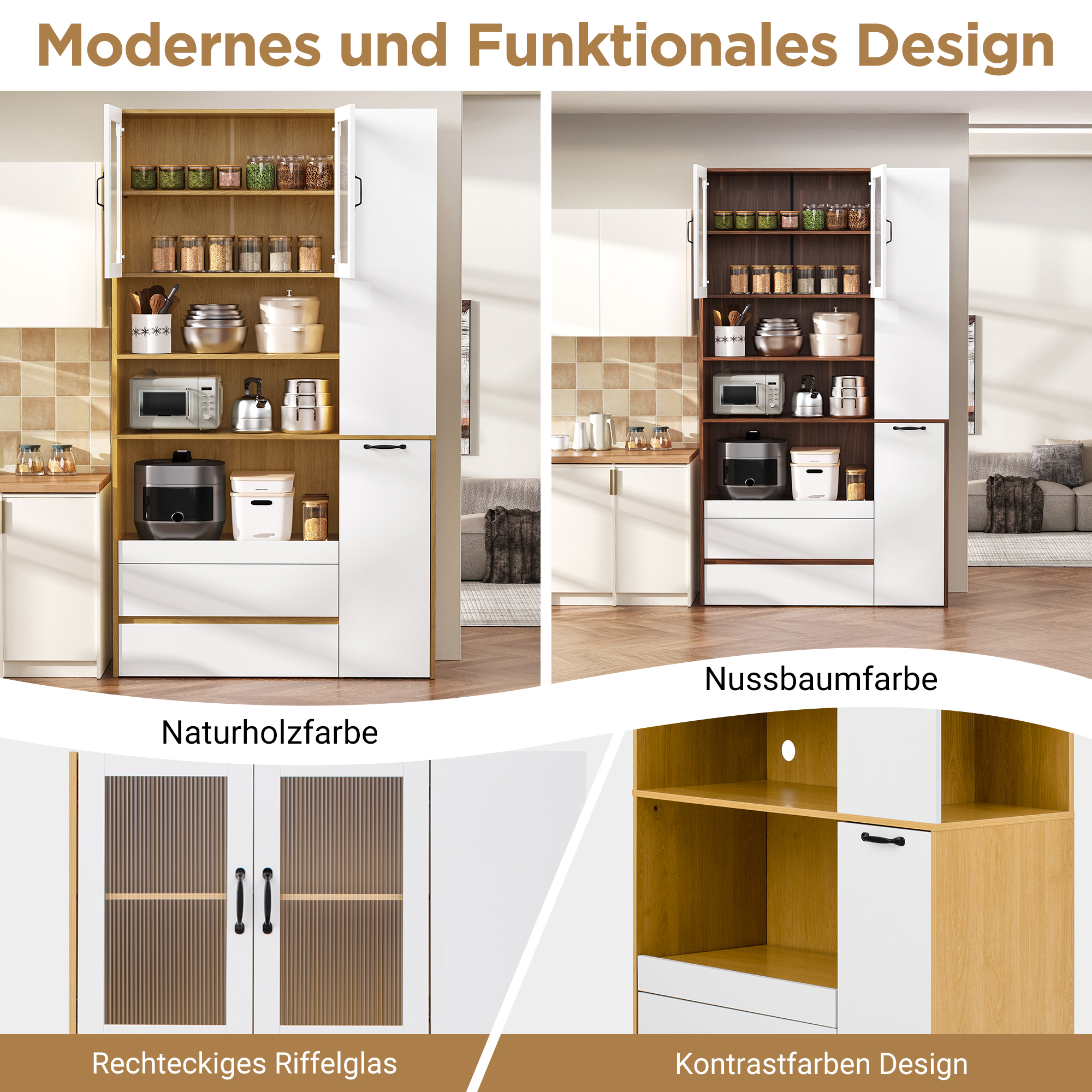 Buffet de cuisine haut 100x200 cm, meuble rangement blanc et bois naturel avec tiroirs intégrés et portes en verre cannelé pour salle à manger