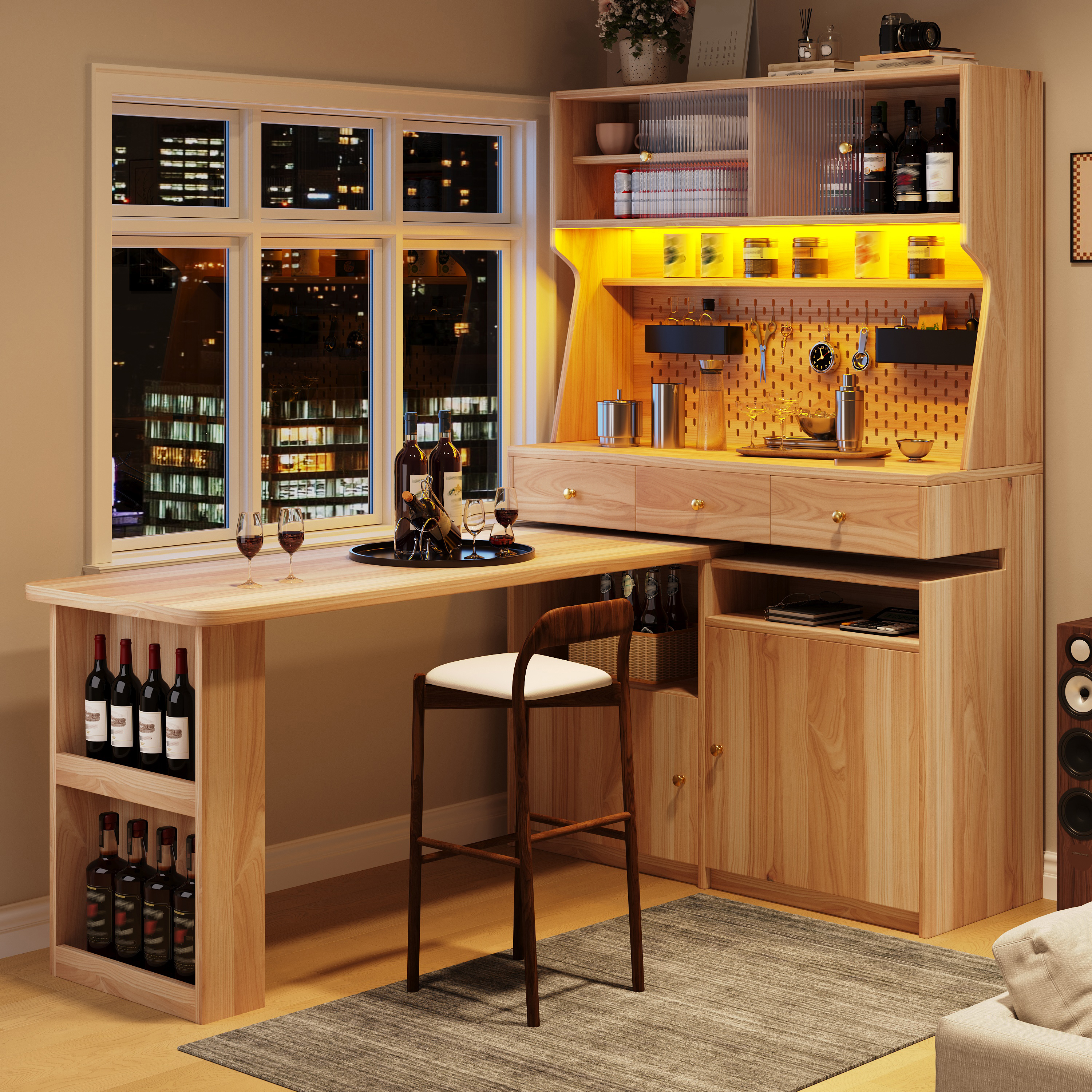 Buffet de cuisine haut 177.7x74x137 cm, capacité de charge 60 kg, rangement modulaire avec étagères ajustables