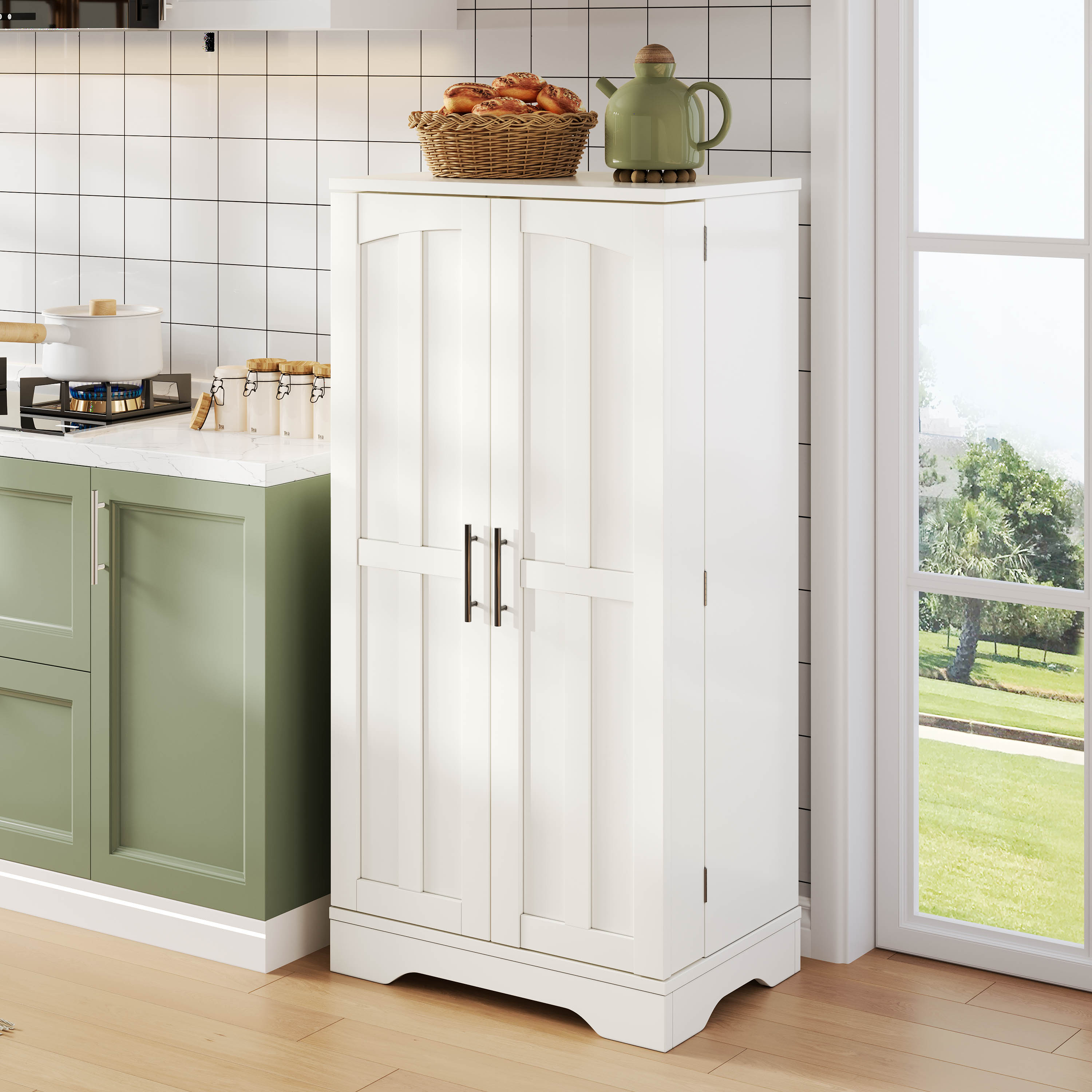 Buffet Haut En Panneau composite de fibres de bois à densité Blanc, Armoire De Stockage À 2 Portes Avec Poignées Métal Et Verrouillage Clip, Design Minimaliste Moderne