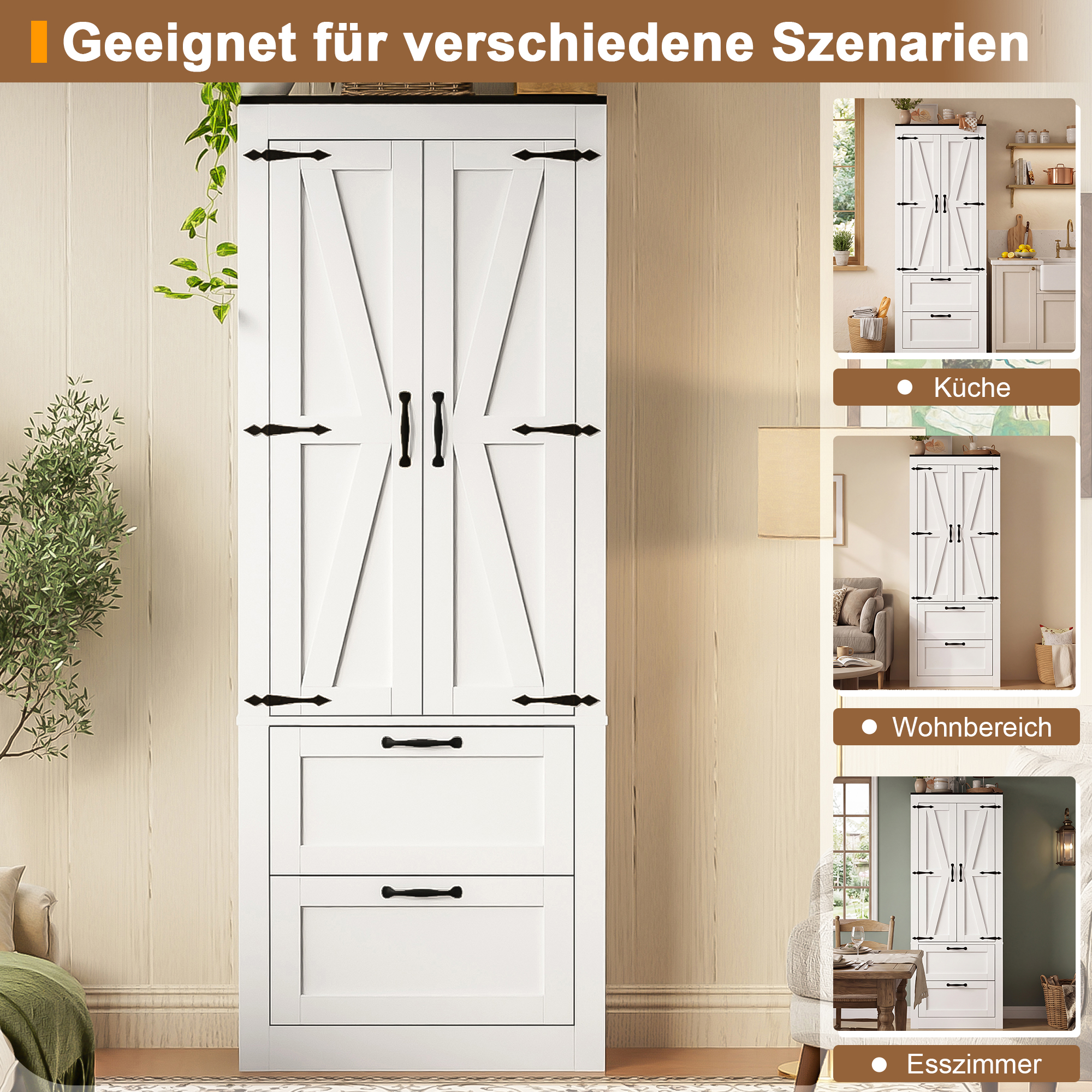 Buffet de cuisine haut 60x30x168 cm, meuble rangement avec 2 portes et 2 tiroirs, idéal pour cuisine ou salle à manger