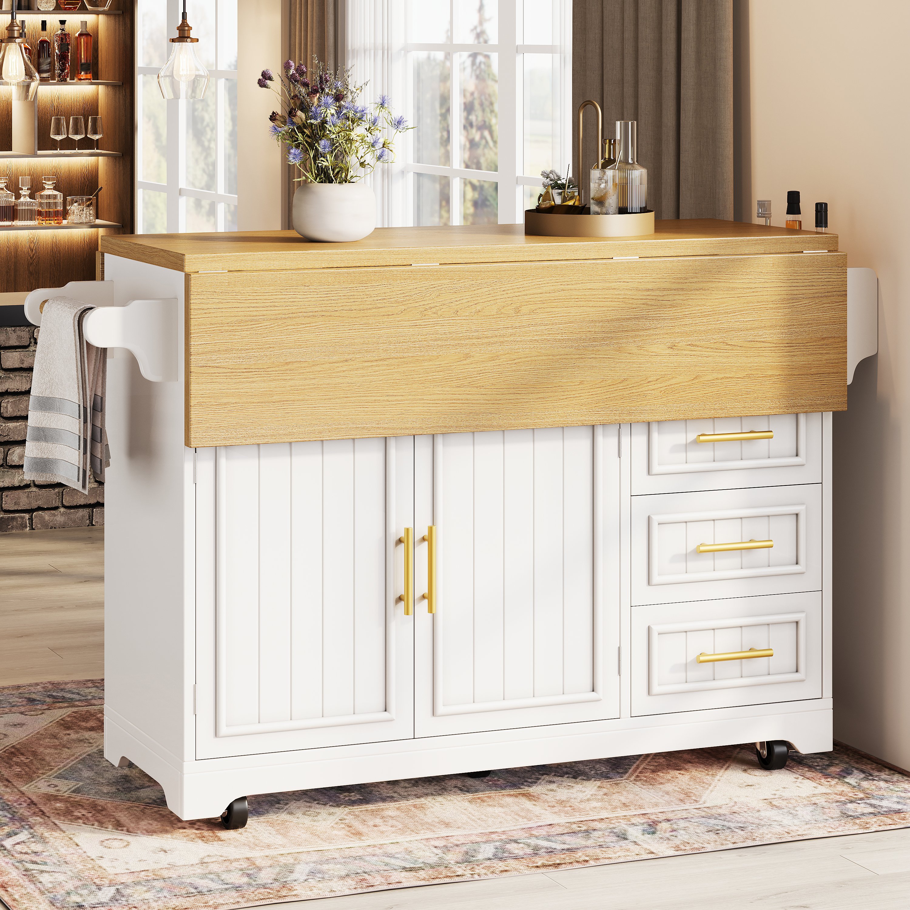 Buffet Cuisine Blanc Extensible avec 3 Tiroirs et Roulettes, Meuble Rangement Design Portes Rayées Verticales 120x40x95 cm