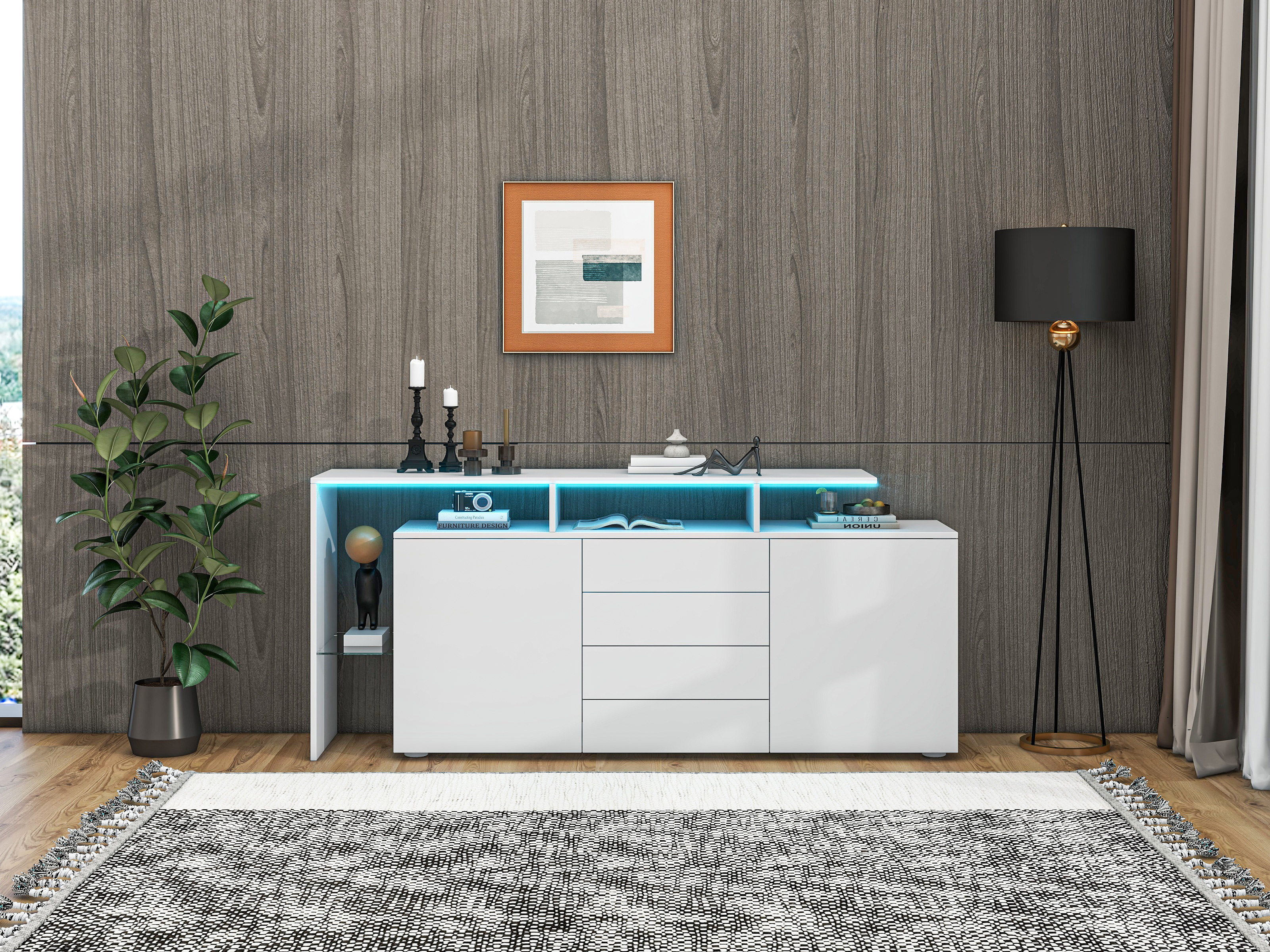 Buffet de cuisine blanc brillant 160x70x35 cm avec 4 tiroirs et 2 portes, meuble de rangement moderne