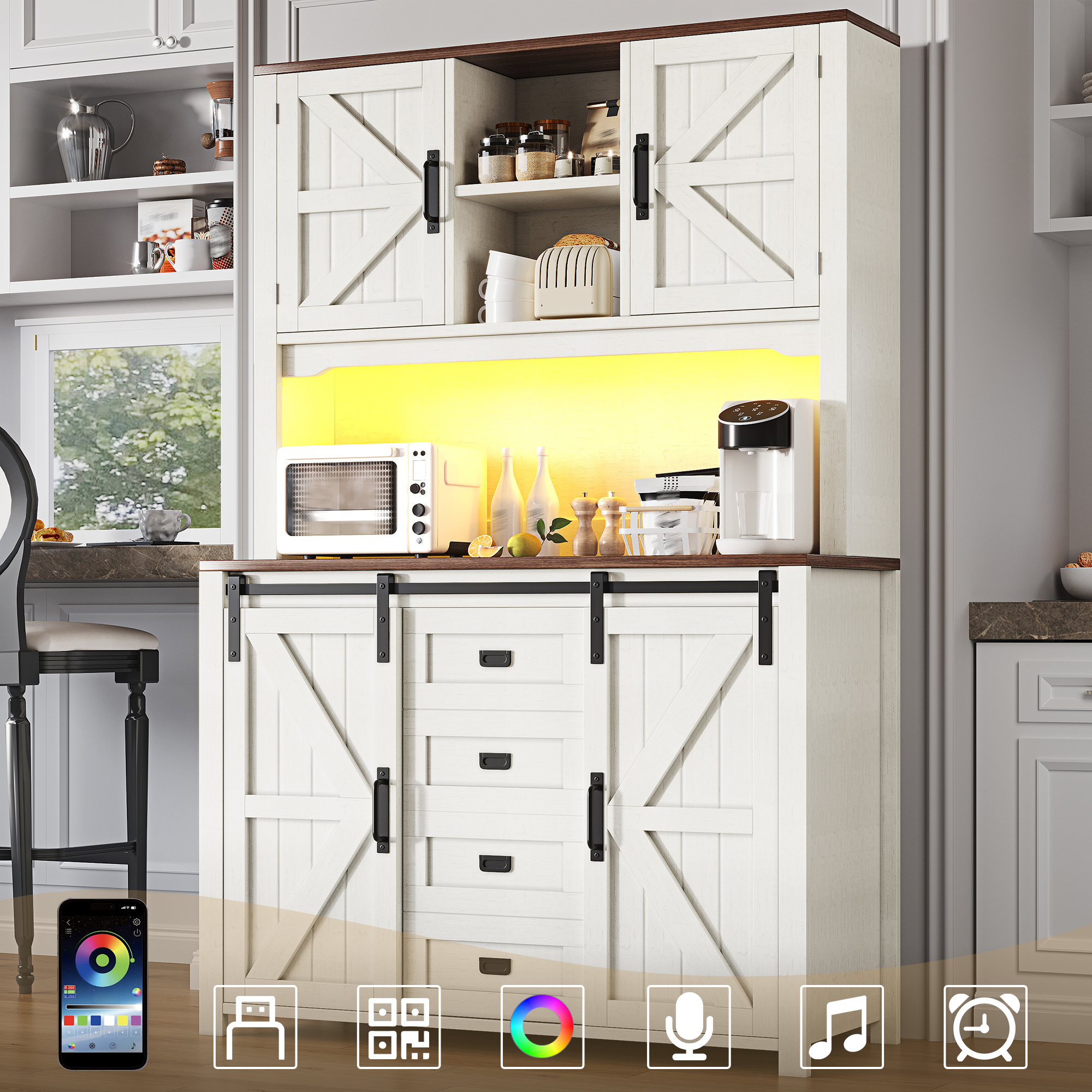 Buffet Moderne avec Éclairage LED Musical Contrôlé par App, Meuble de Rangement Haut avec Tiroirs et Compartiments Ouverts