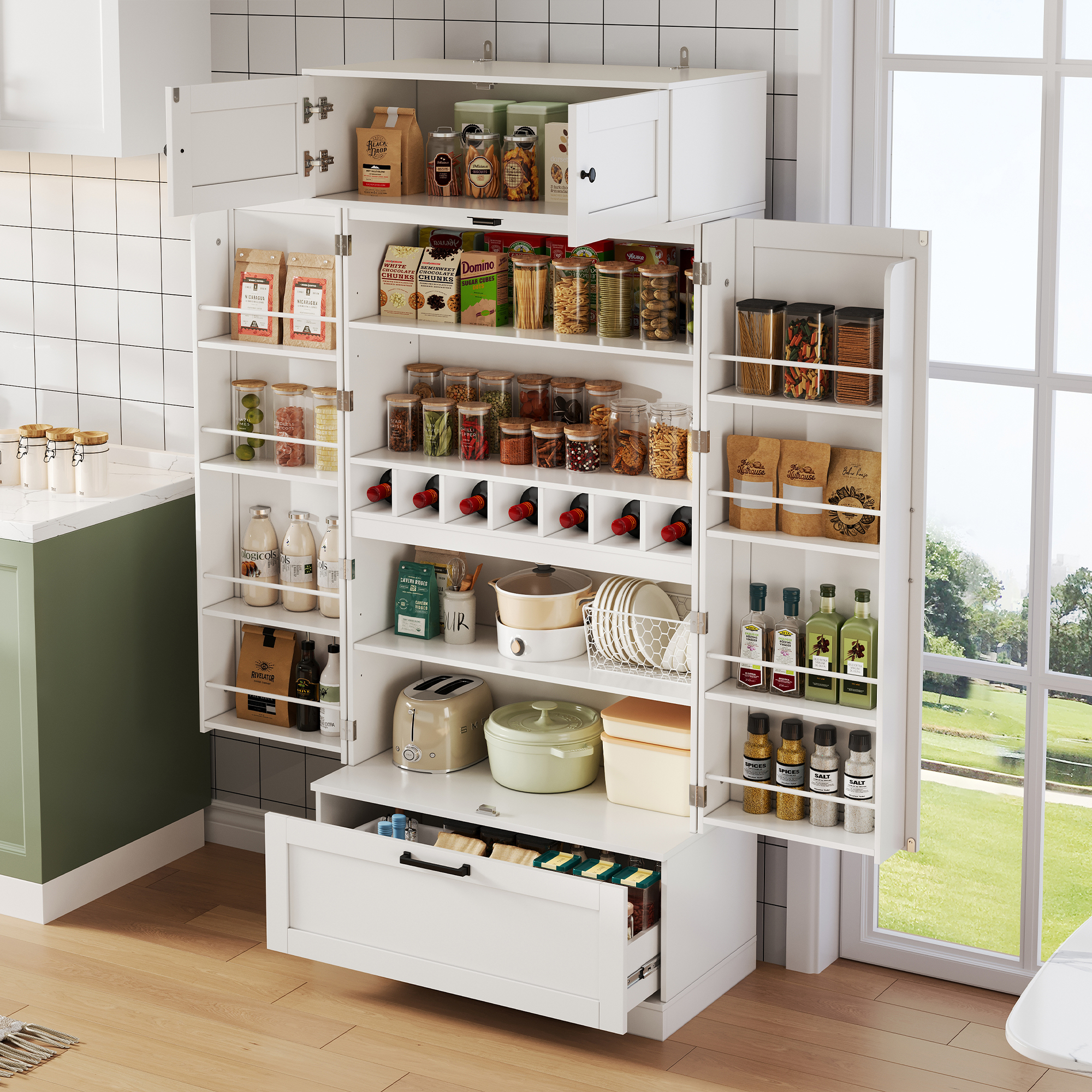 Buffet Cuisine Blanc Panneau composite de fibres de bois à densité, Meuble Rangement Industriel avec Tiroirs et Portes, Étagères Réglables pour Salle à Manger, 80x40x180 cm