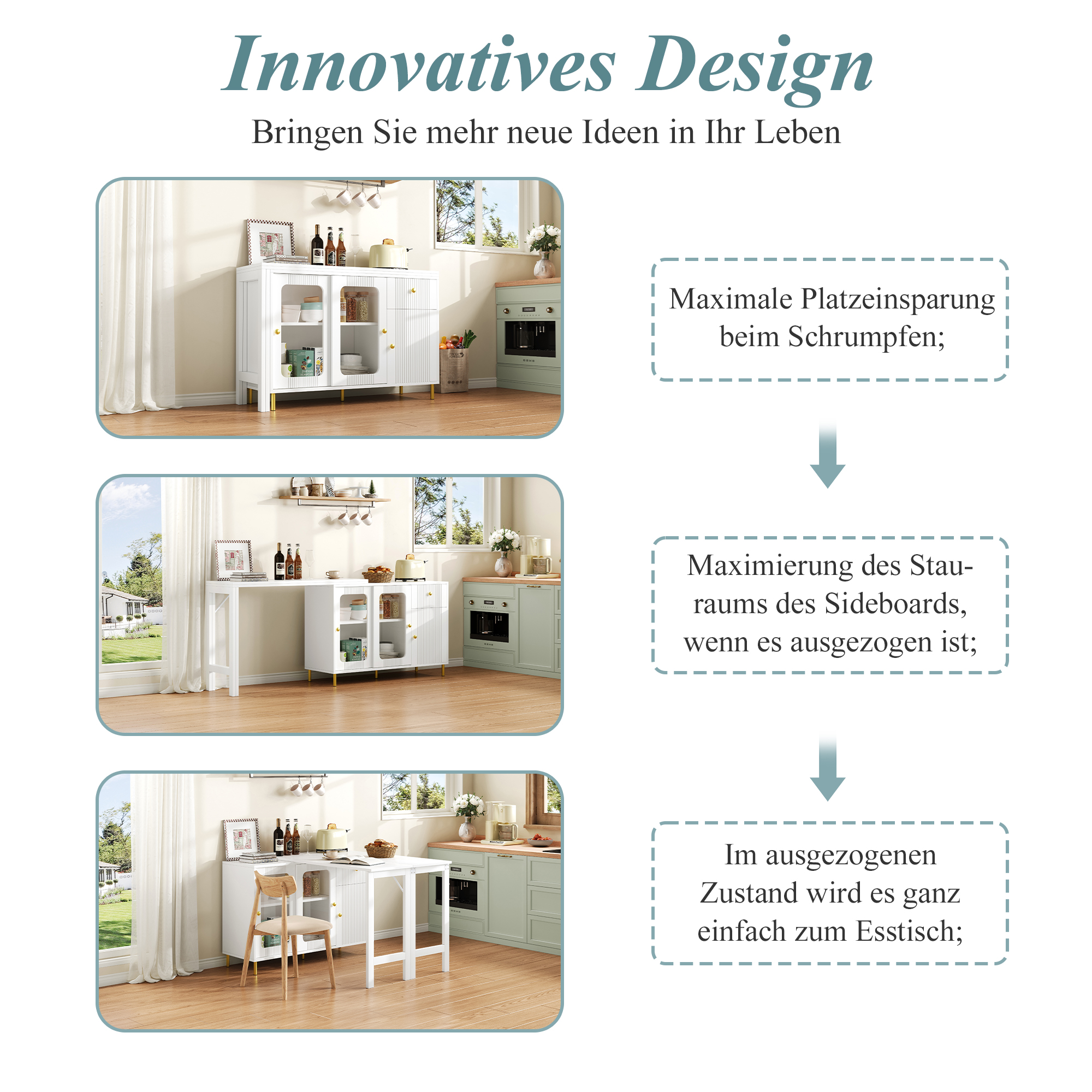 Buffet Extensible Blanc avec Table à Manger Convertible, Portes Coulissantes Verre et Tiroirs Intégrés pour Salle à Manger