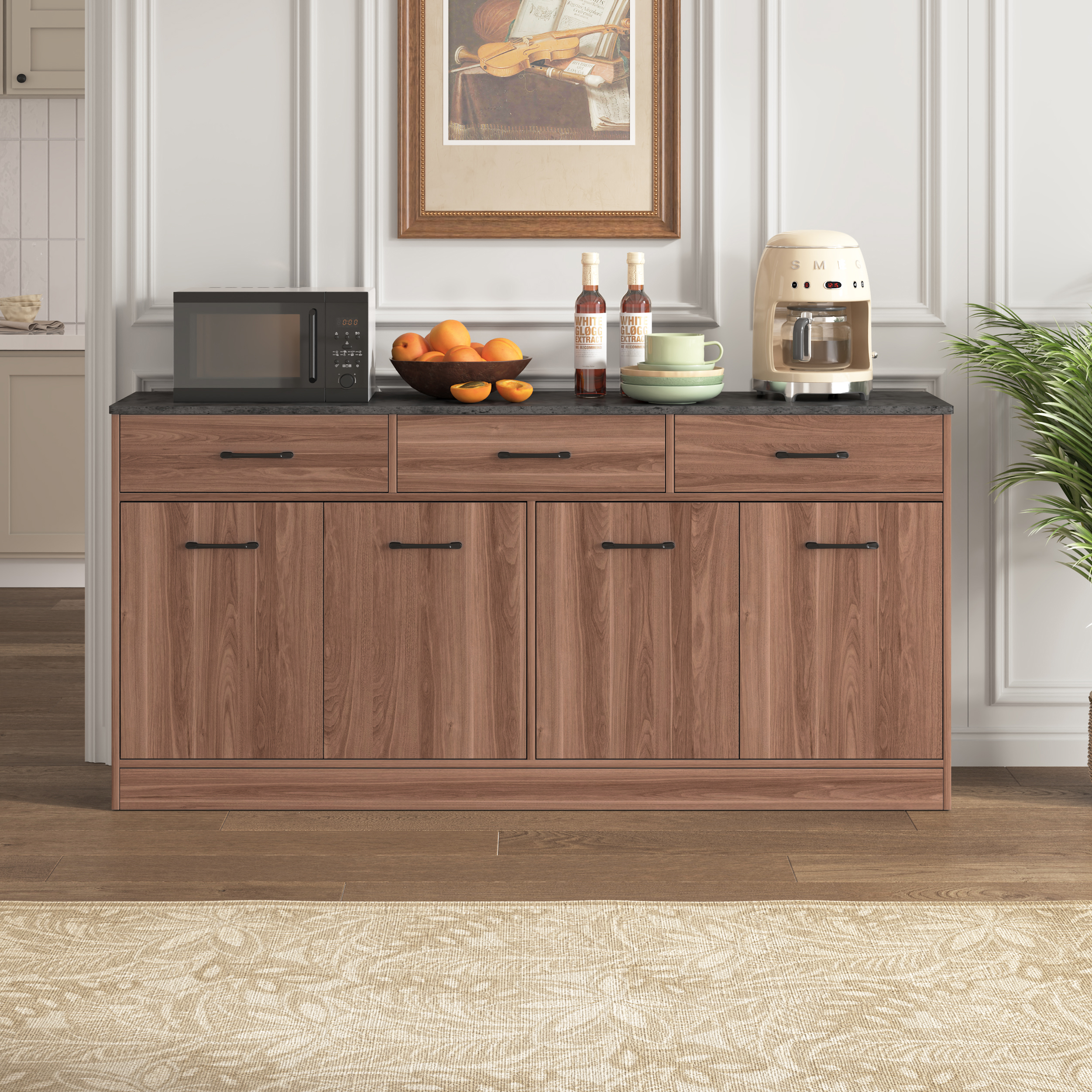 Buffet Contemporain avec 3 Tiroirs et Plateau Effet Béton, Design Noyer pour Cuisine Moderne, Dimensions 160x37x76,5 cm