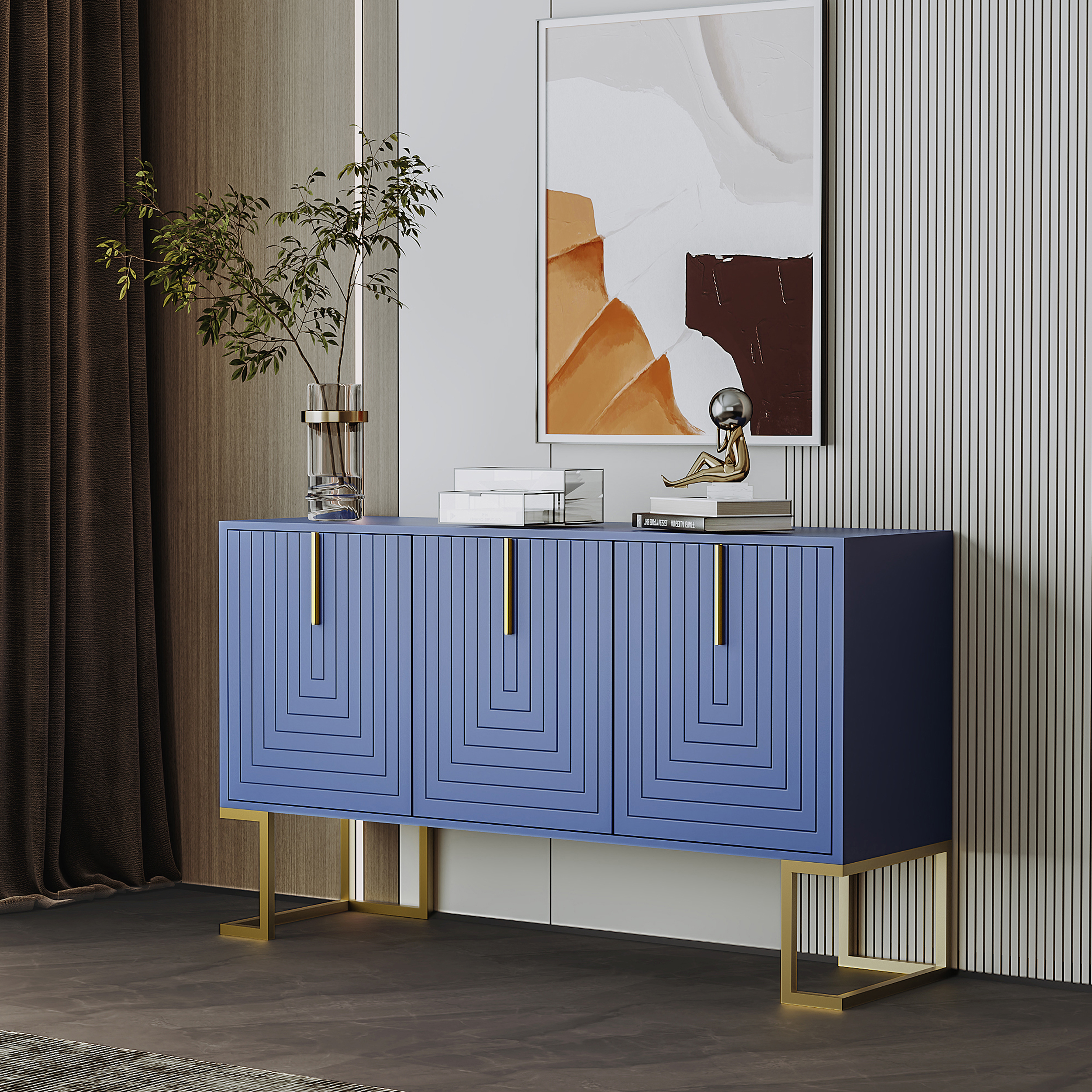 Buffet Design Contemporain en Panneaux de Particules et Panneau composite de fibres de bois à densité, Structure Solide avec Surface de Travail Résistante à 75 KG