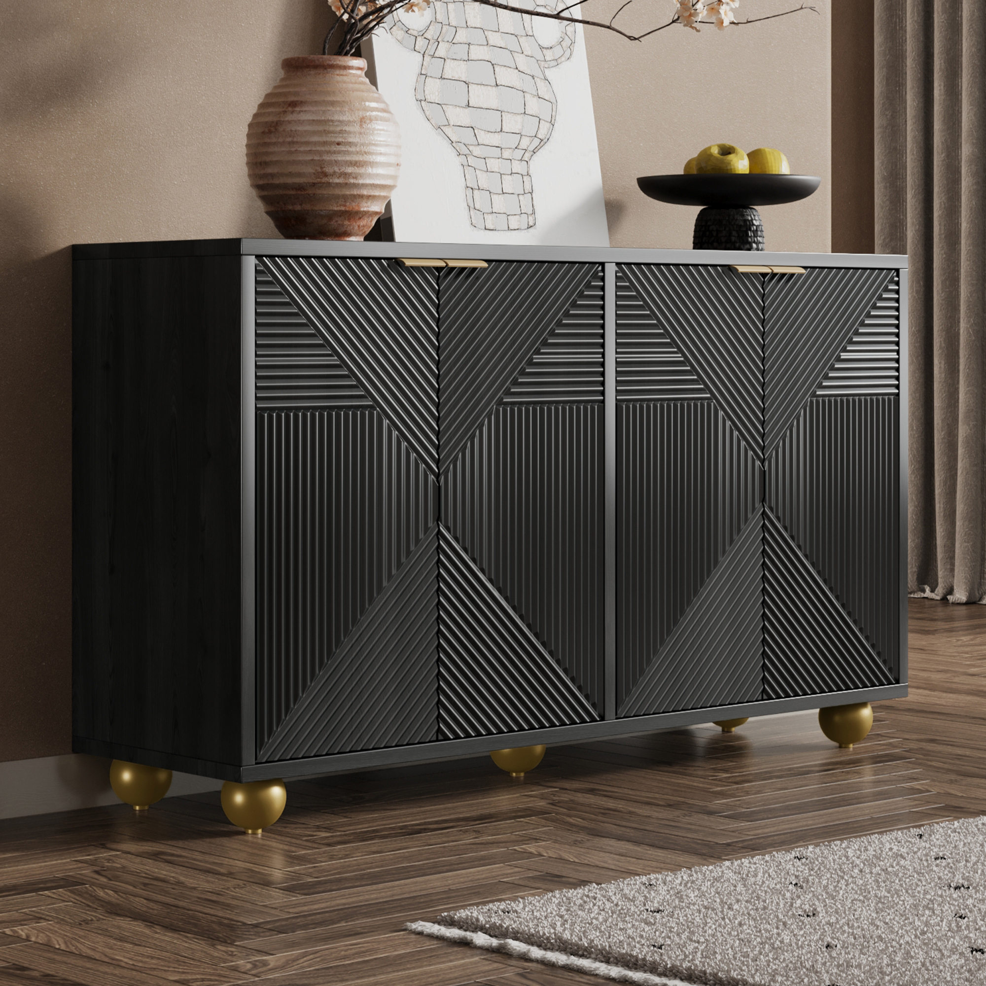 Buffet Noir Dimensions 120x35x71,5 cm avec 4 Portes et Intérieur Modulable Meuble de Rangement Compact et Élégant