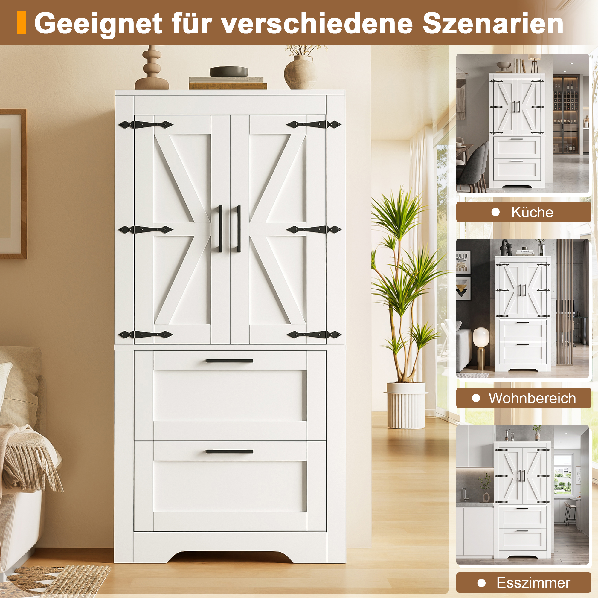 Buffet Cuisine Blanc 60cm avec 2 Tiroirs et Étagères Réglables, Meuble Vaisselier Salle à Manger Design Rustique Grange