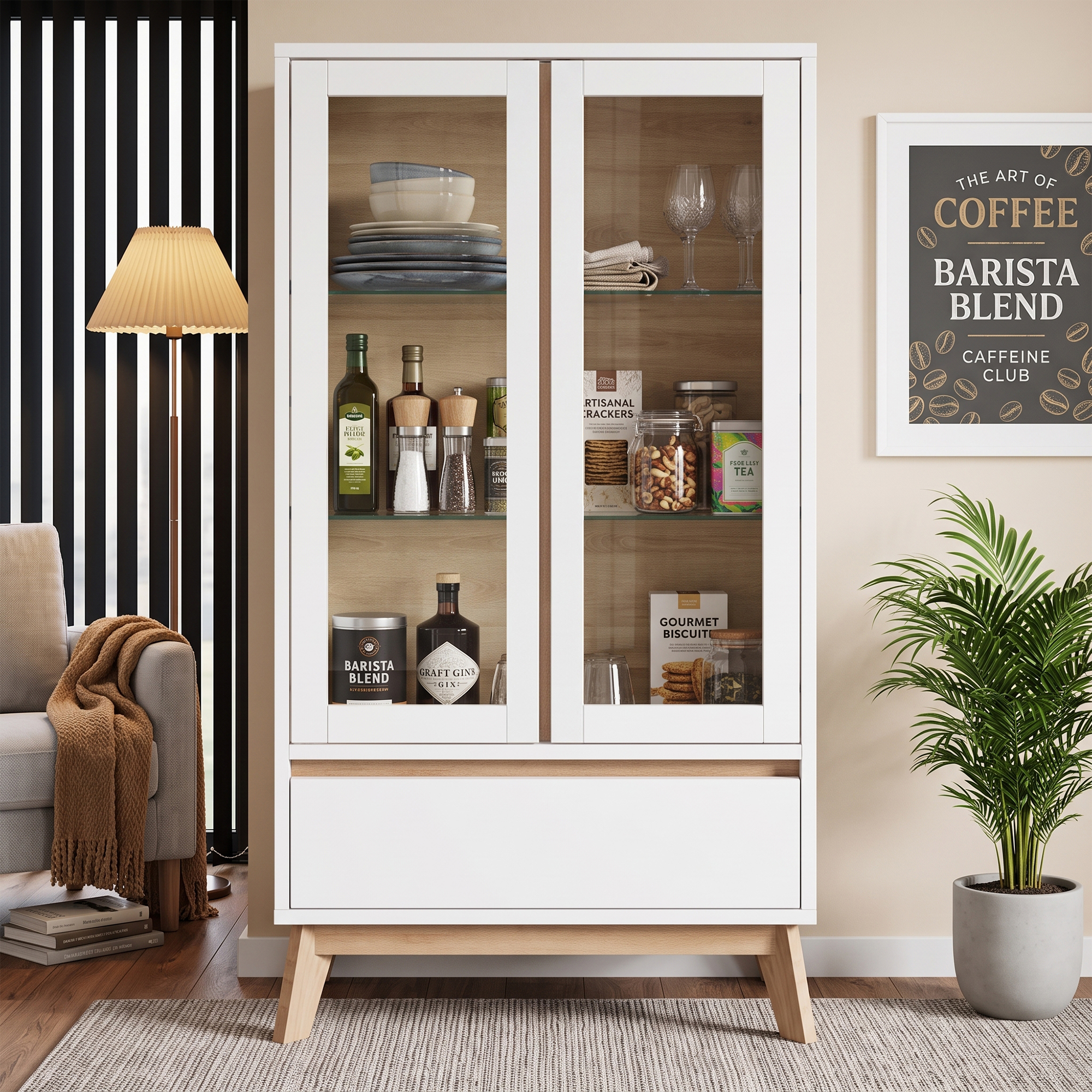 Buffet de cuisine blanc et bois, meuble rangement avec tiroir intégré et étagères ajustables, dimensions 80x40x150 cm