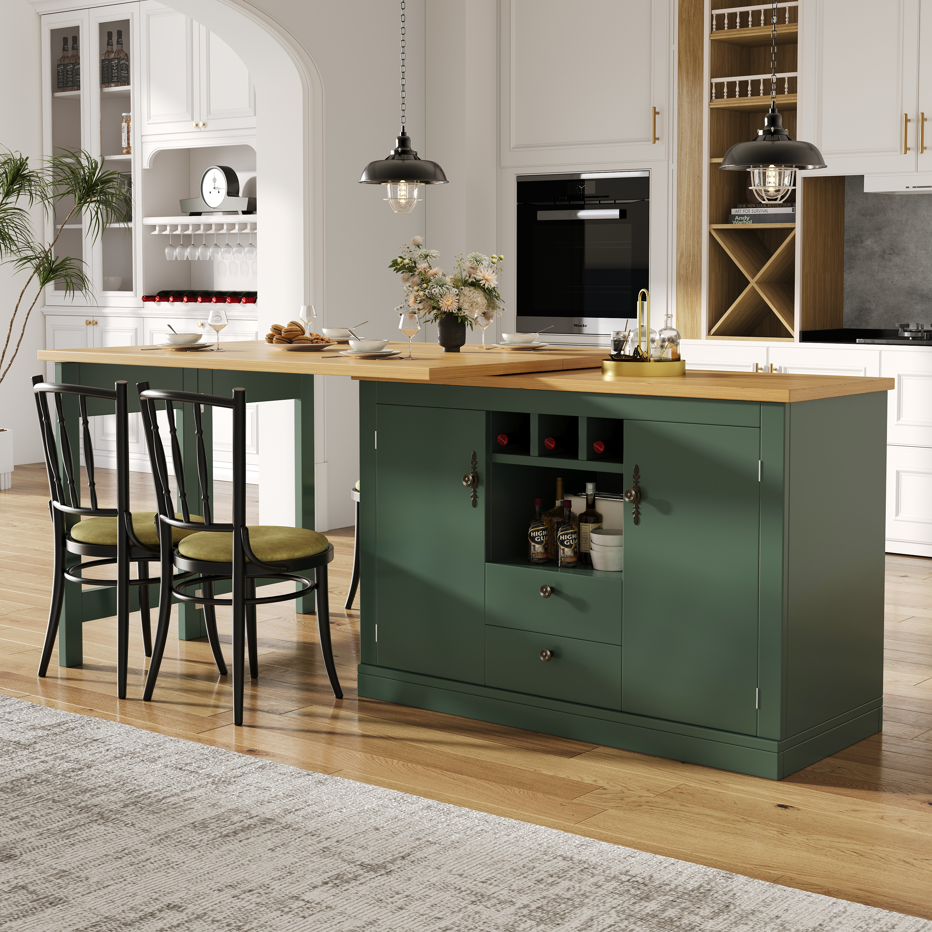 Buffet Extensible Vert Antique, Meuble Rangement Transformable 120-180 cm, Panneau composite de fibres de bois à densité Moderne avec Étagère à Vin et Tiroirs Intégrés