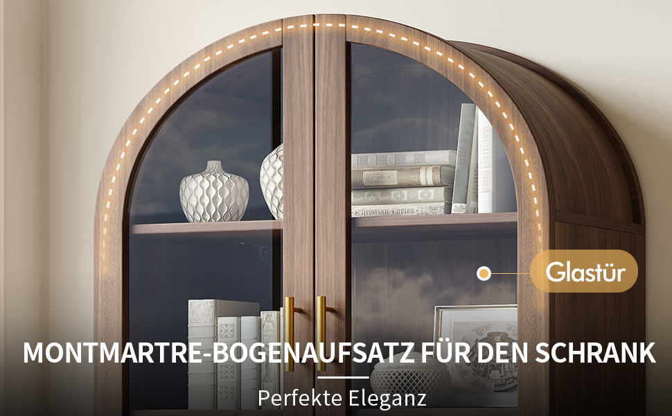 Buffet Vintage Style Montmartre avec Verre Trempé et LED, Meuble Vaisselier Moderne à 2 Tiroirs et Étagères pour Décoration