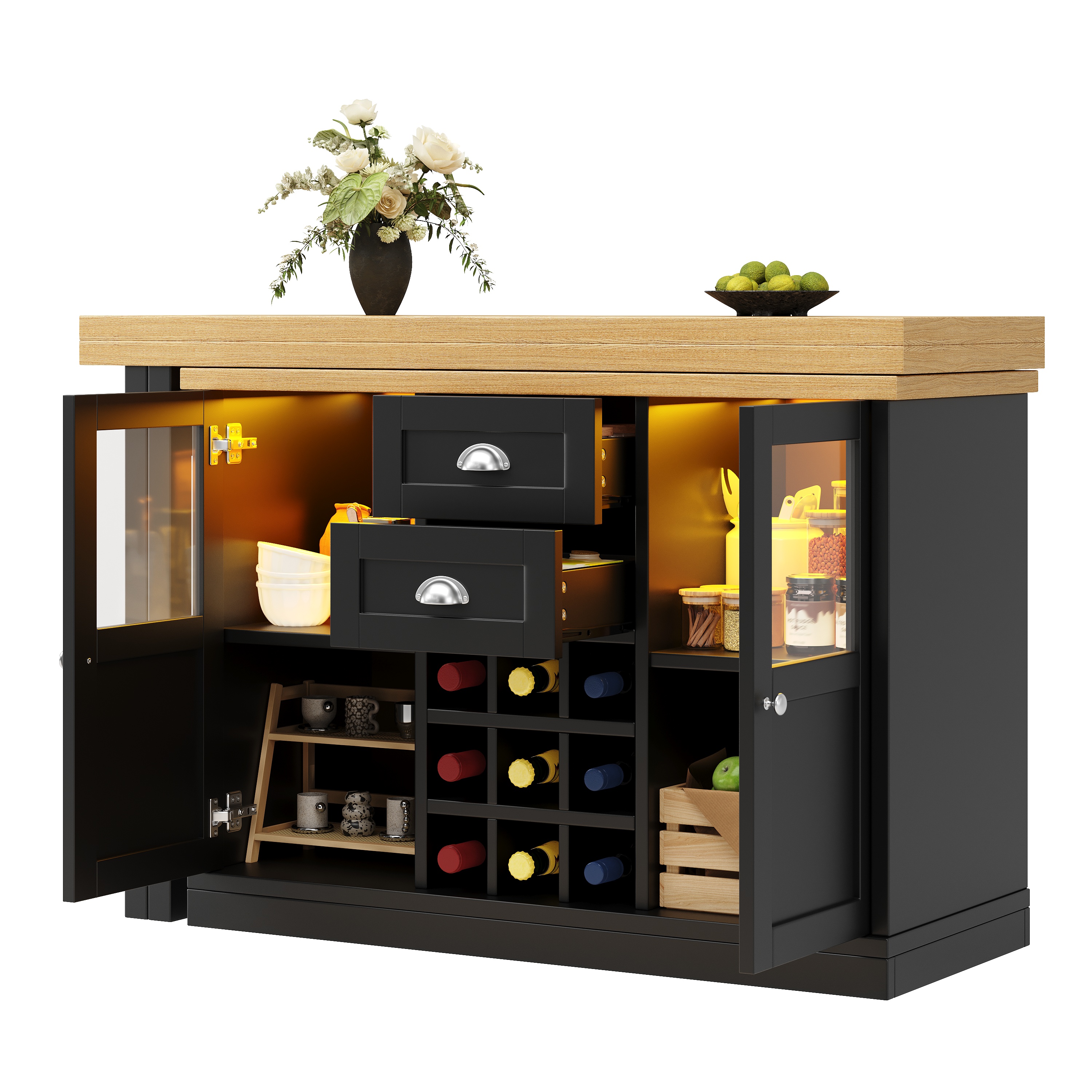 Buffet Extensible Noir avec Éclairage LED Intégré, Meuble Rangement Cuisine avec Tiroirs et Portes Coulissantes, Structure Panneau composite de fibres de bois à densité Robuste