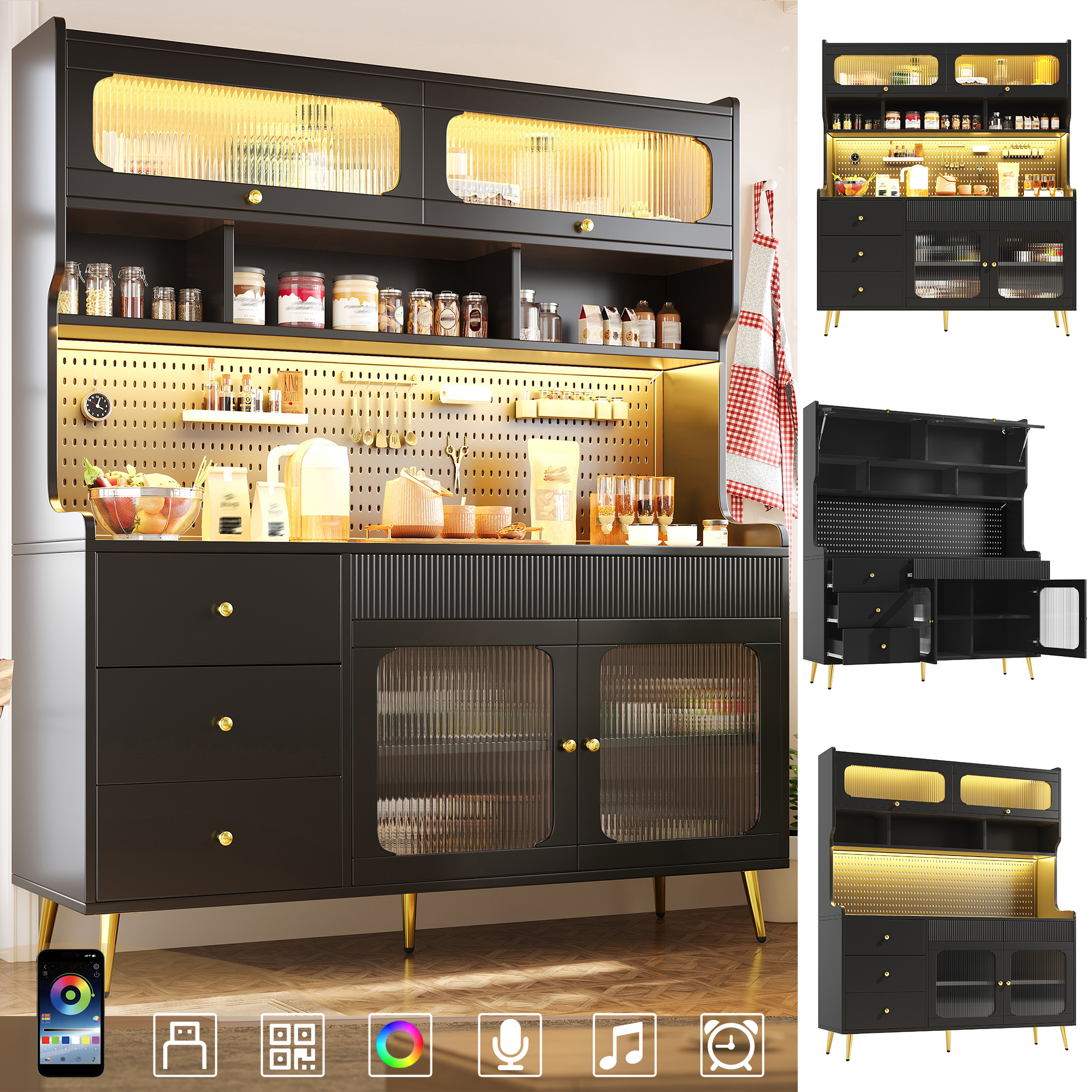Buffet de cuisine noir 145x39x171 cm, meuble haut avec éclairage LED intégré et portes en verre flûté