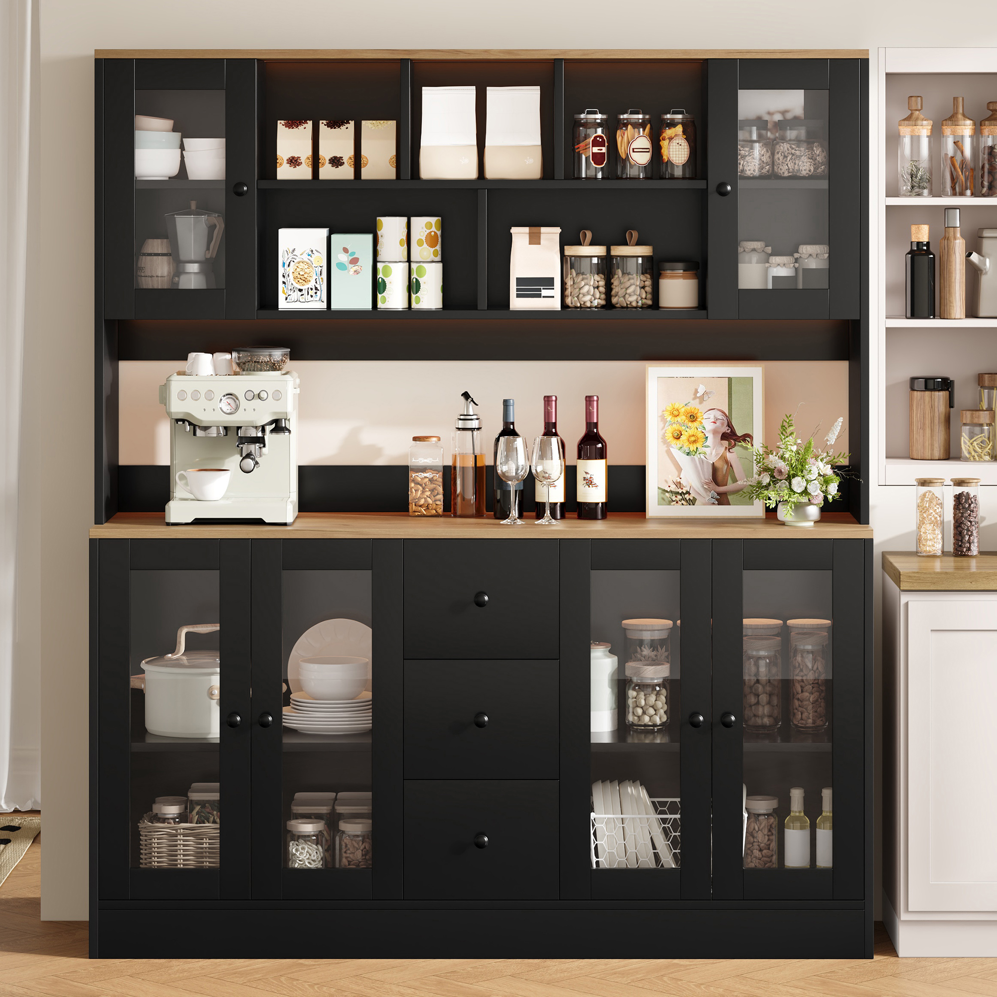 Buffet de cuisine haut 150x40x173 cm, Meuble de rangement avec 6 portes en acryl et 3 tiroirs, Noir et Naturel