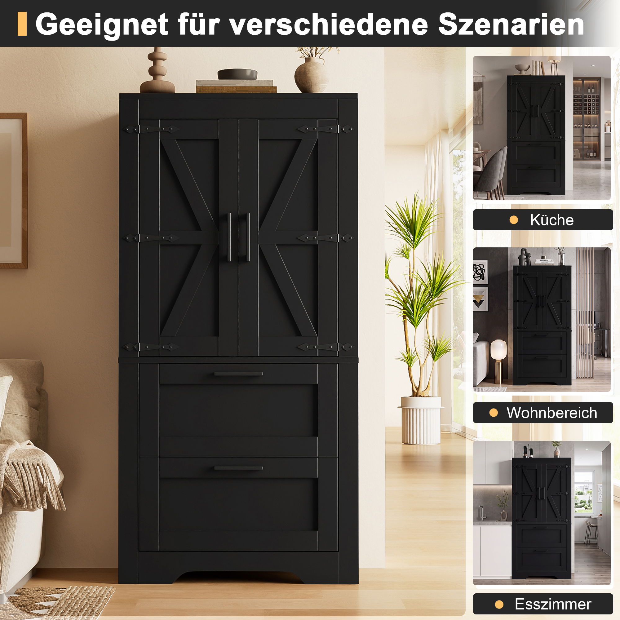 Buffet Style Ferme Noir Avec 2 Tiroirs Et Portes Coulissantes, Meuble De Rangement Multifonction Pour Vaisselle Et Décoration