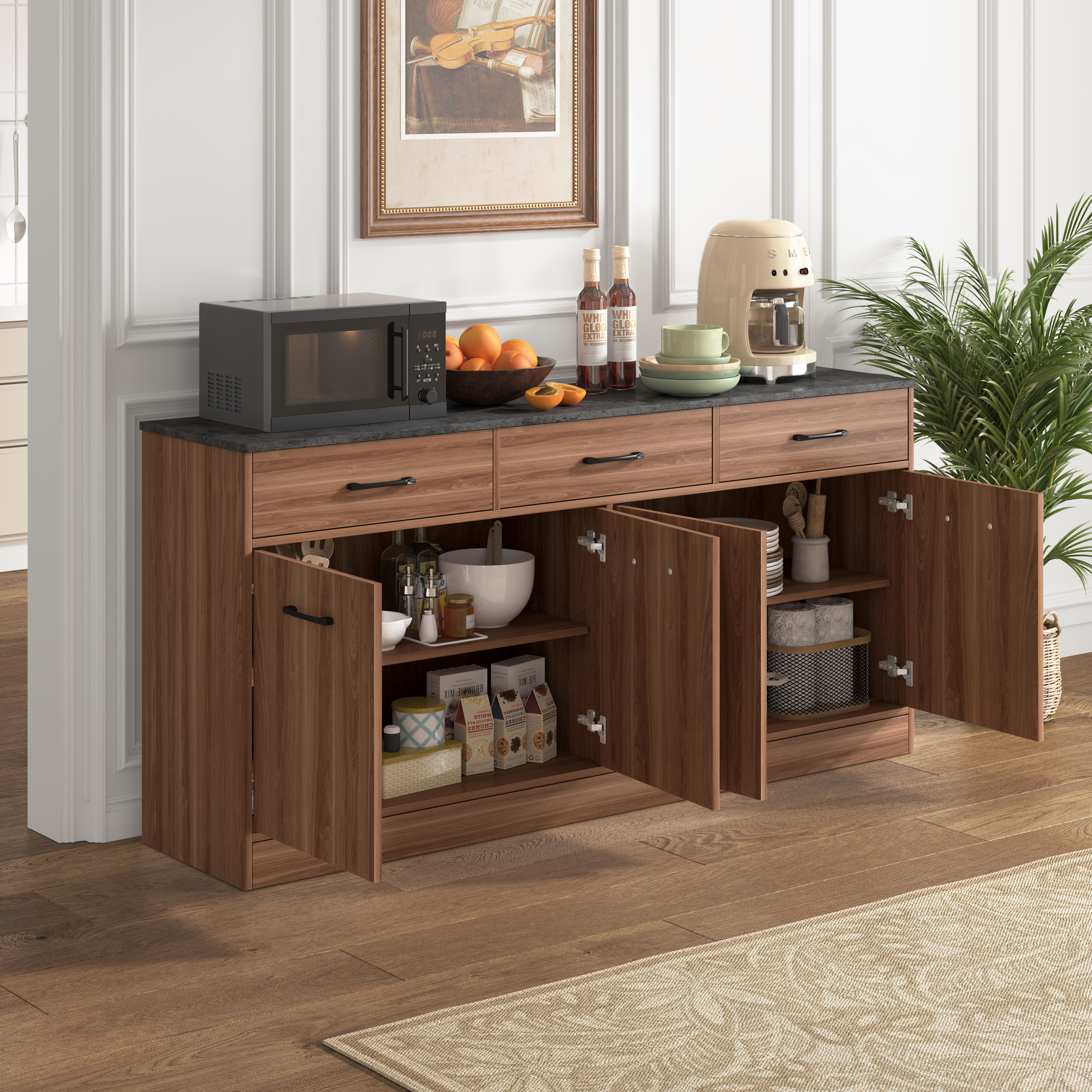 Buffet Contemporain avec 3 Tiroirs et Plateau Effet Béton, Design Noyer pour Cuisine Moderne, Dimensions 160x37x76,5 cm