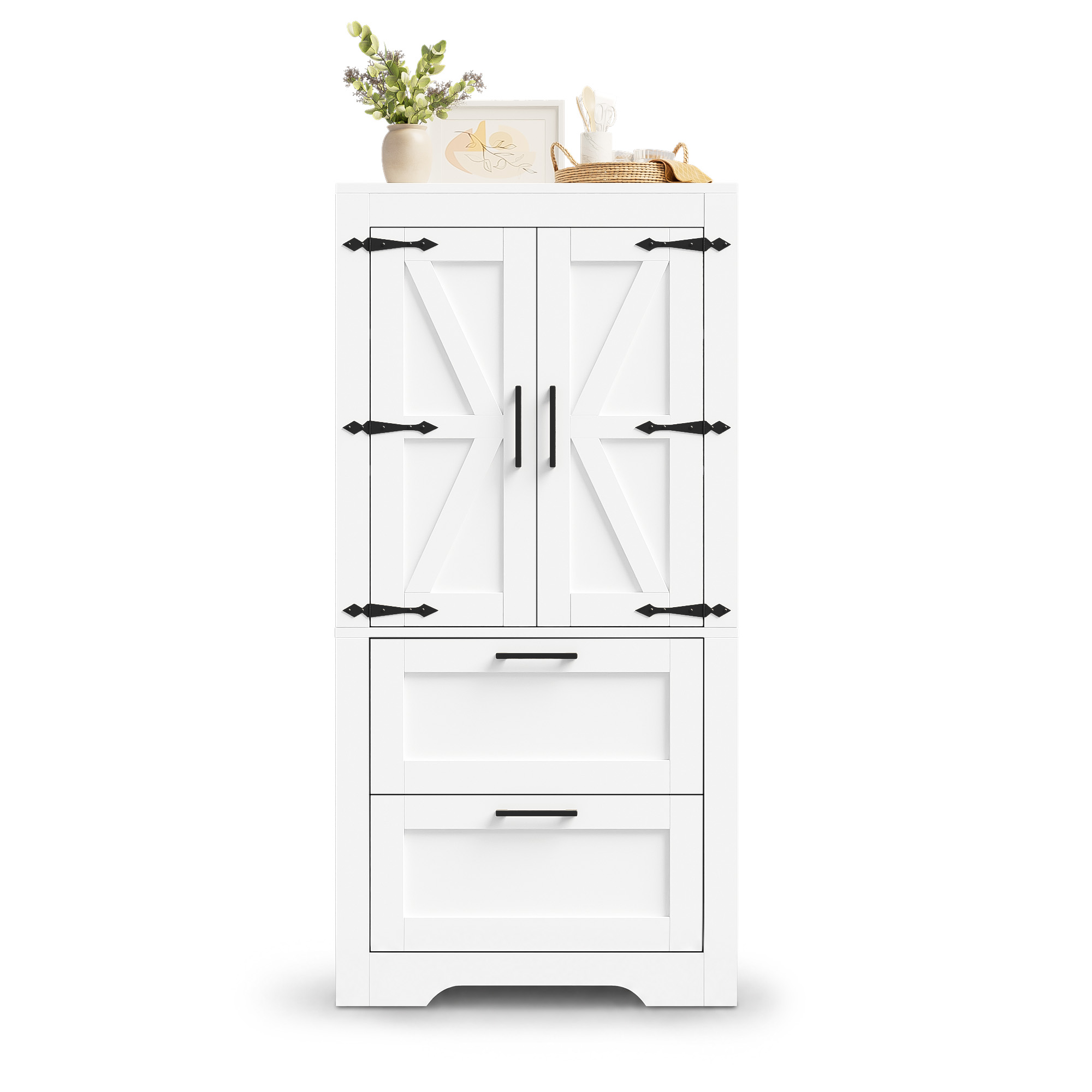 Buffet Cuisine Blanc 60cm avec 2 Tiroirs et Étagères Réglables, Meuble Vaisselier Salle à Manger Design Rustique Grange