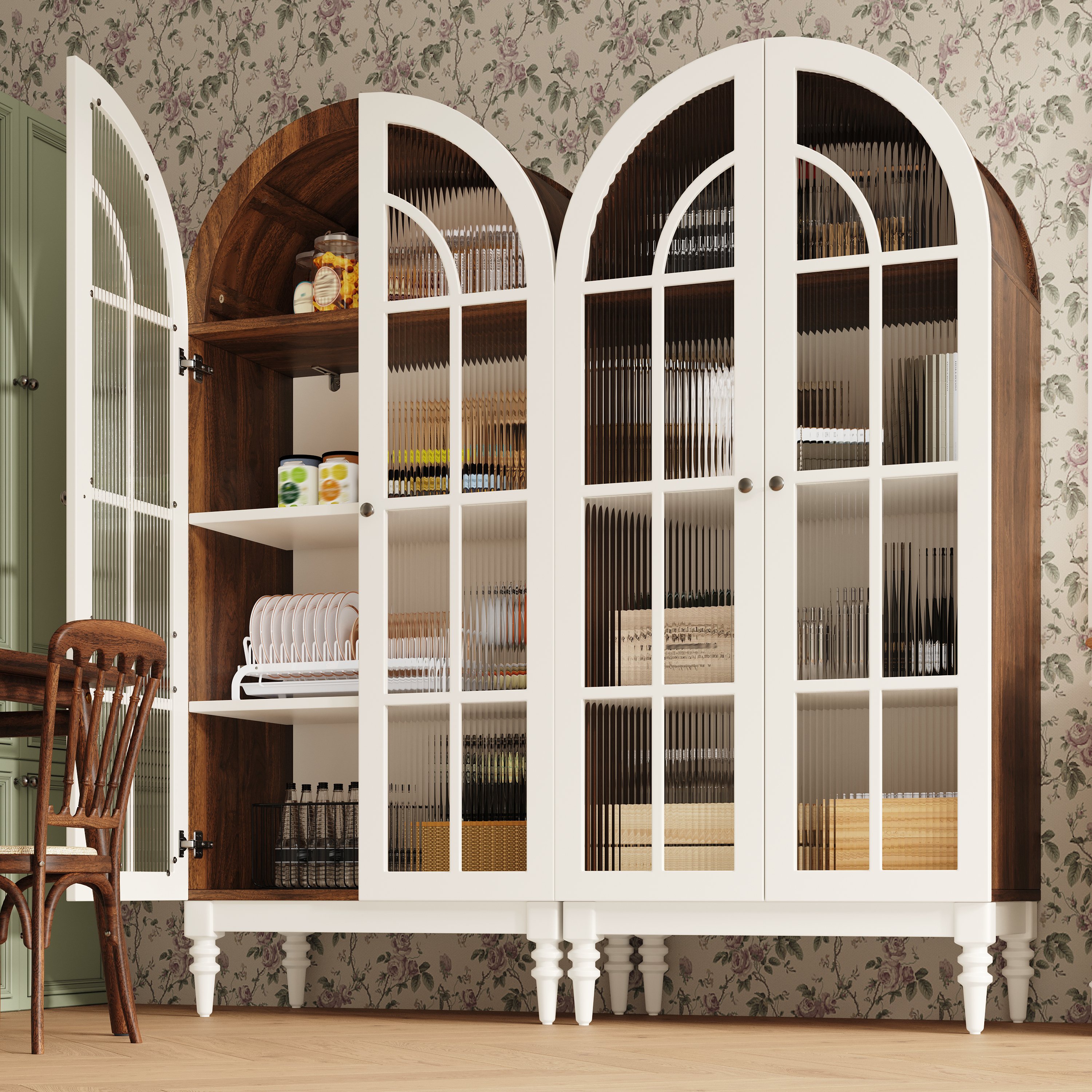 Buffet de cuisine haut 165 cm avec portes vitrées ondulées et éclairage LED intégré pour vaisselle et décoration