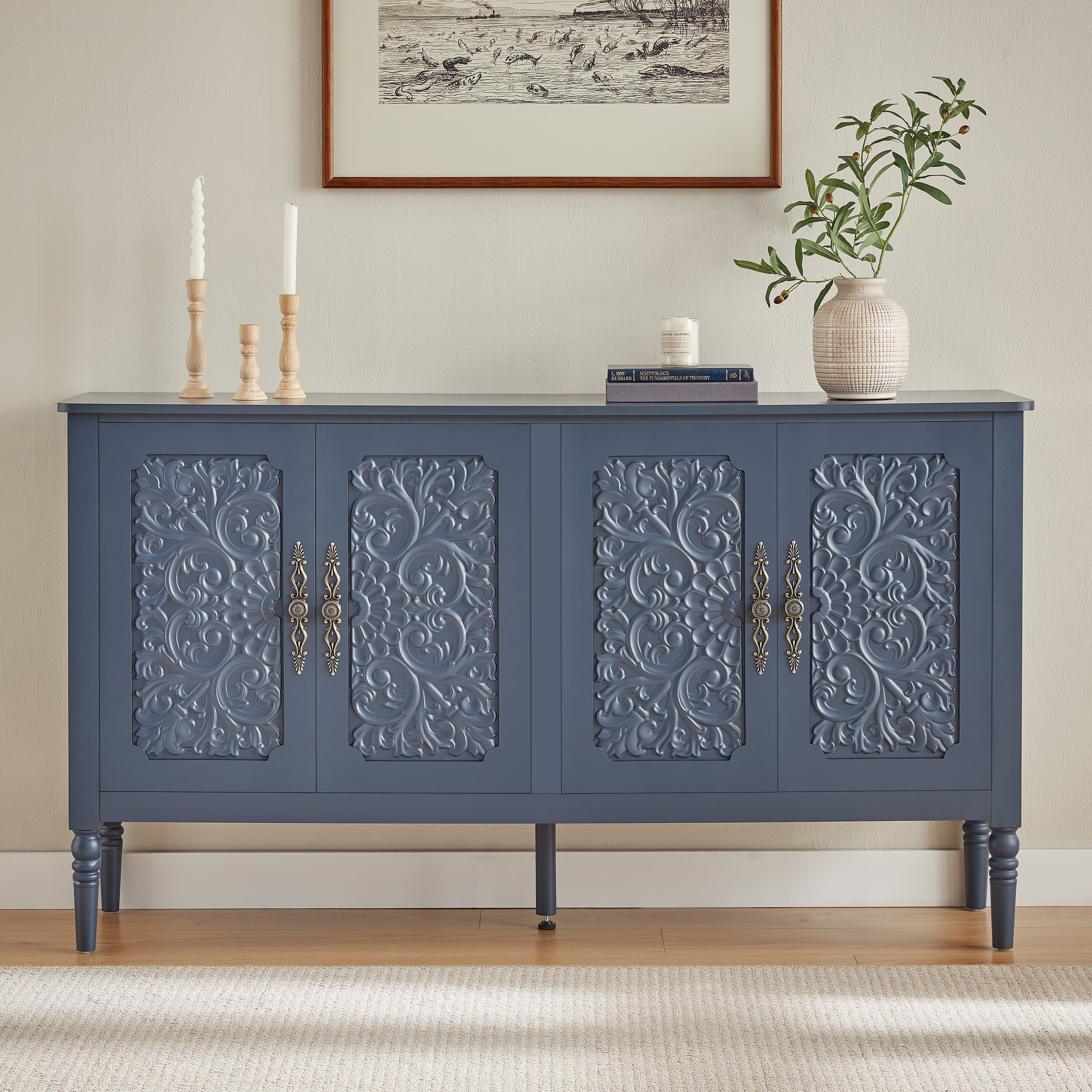 Buffet En Panneaux De Particules Et Panneau composite de fibres de bois à densité Avec Sculptures Rétro, Structure Métal, Bleu Marine, 160x40x89 Cm