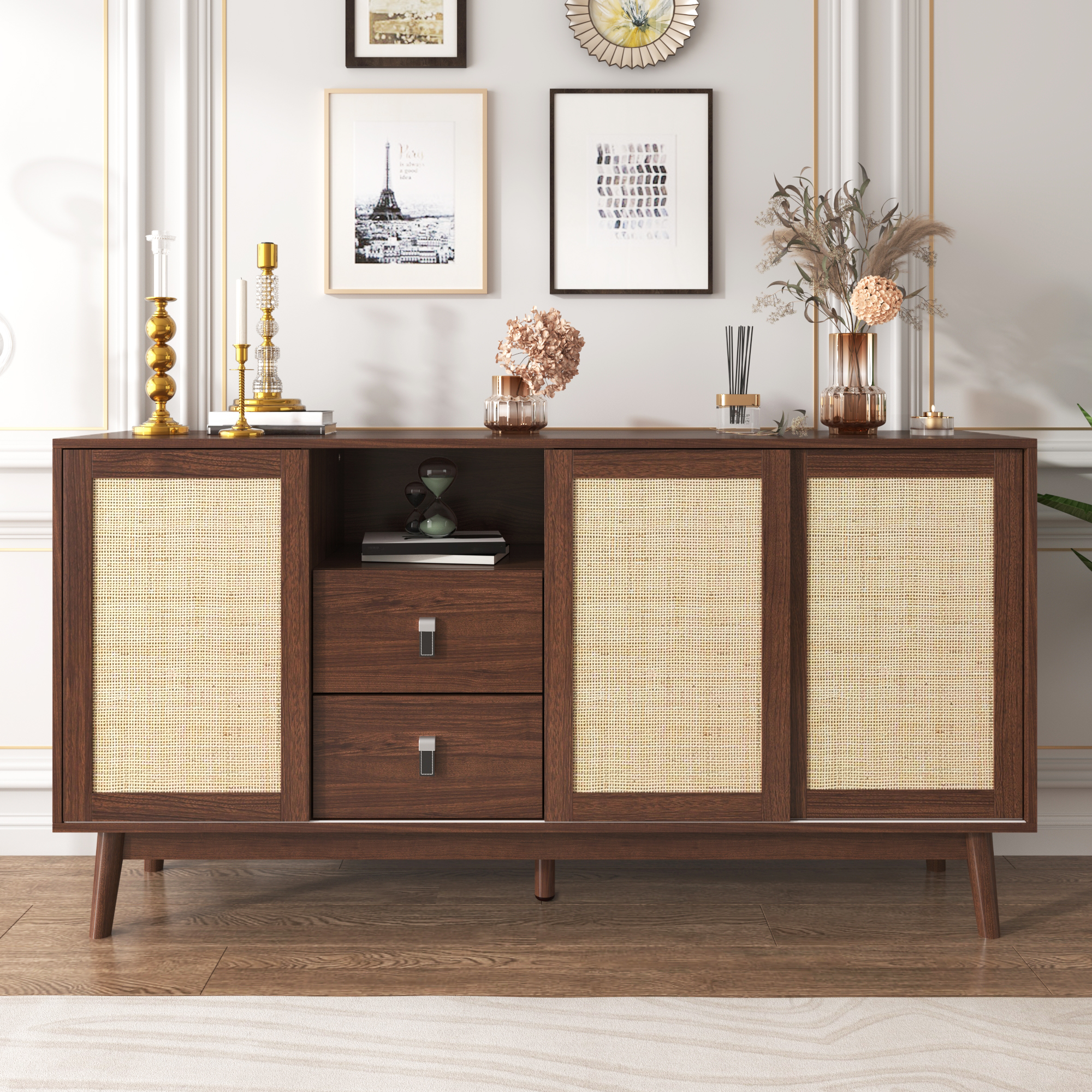 Buffet Panneau composite de fibres de bois à densité Panneaux Particules Rotin Massif Pieds Bois 3 Portes 2 Tiroirs 155x80cm