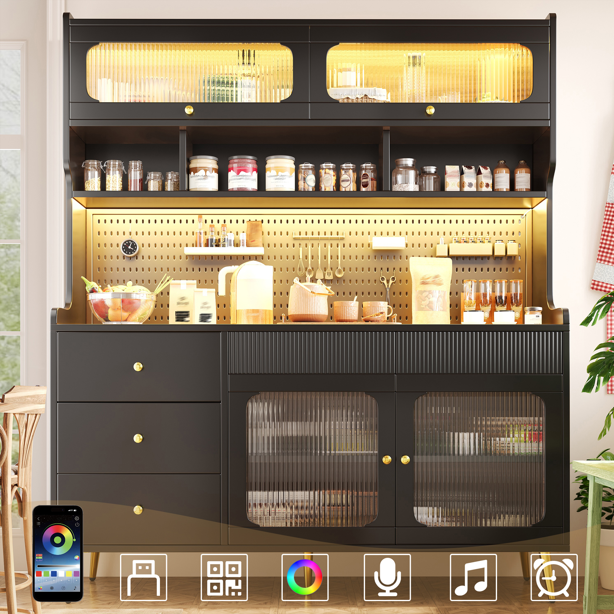 Buffet de cuisine noir 145x39x171 cm, meuble haut avec éclairage LED intégré et portes en verre flûté