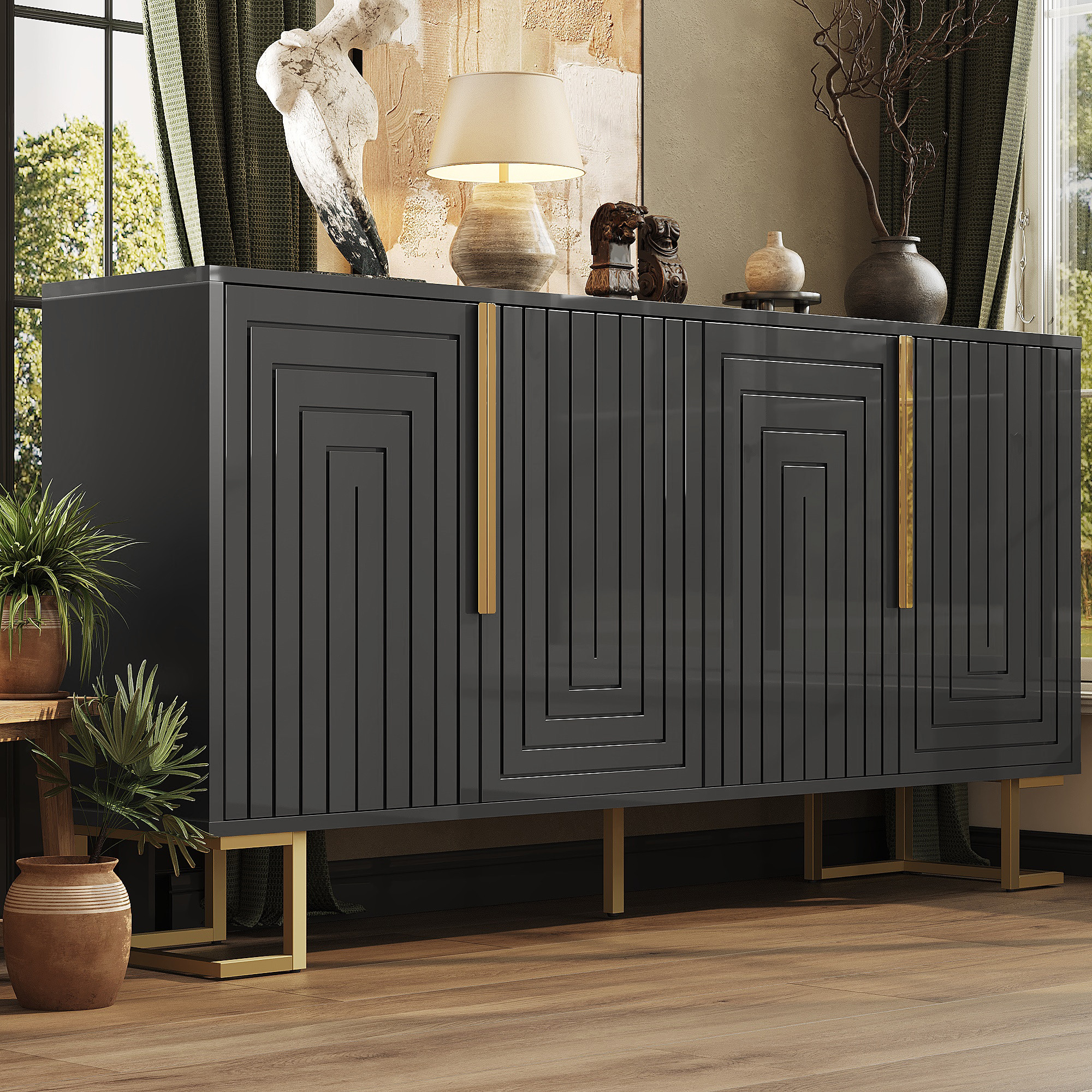 Buffet Noir 152x40x75 cm avec Éclairage LED Intégré et Système Anti-Basculement Sécurisé pour Rangement Salon