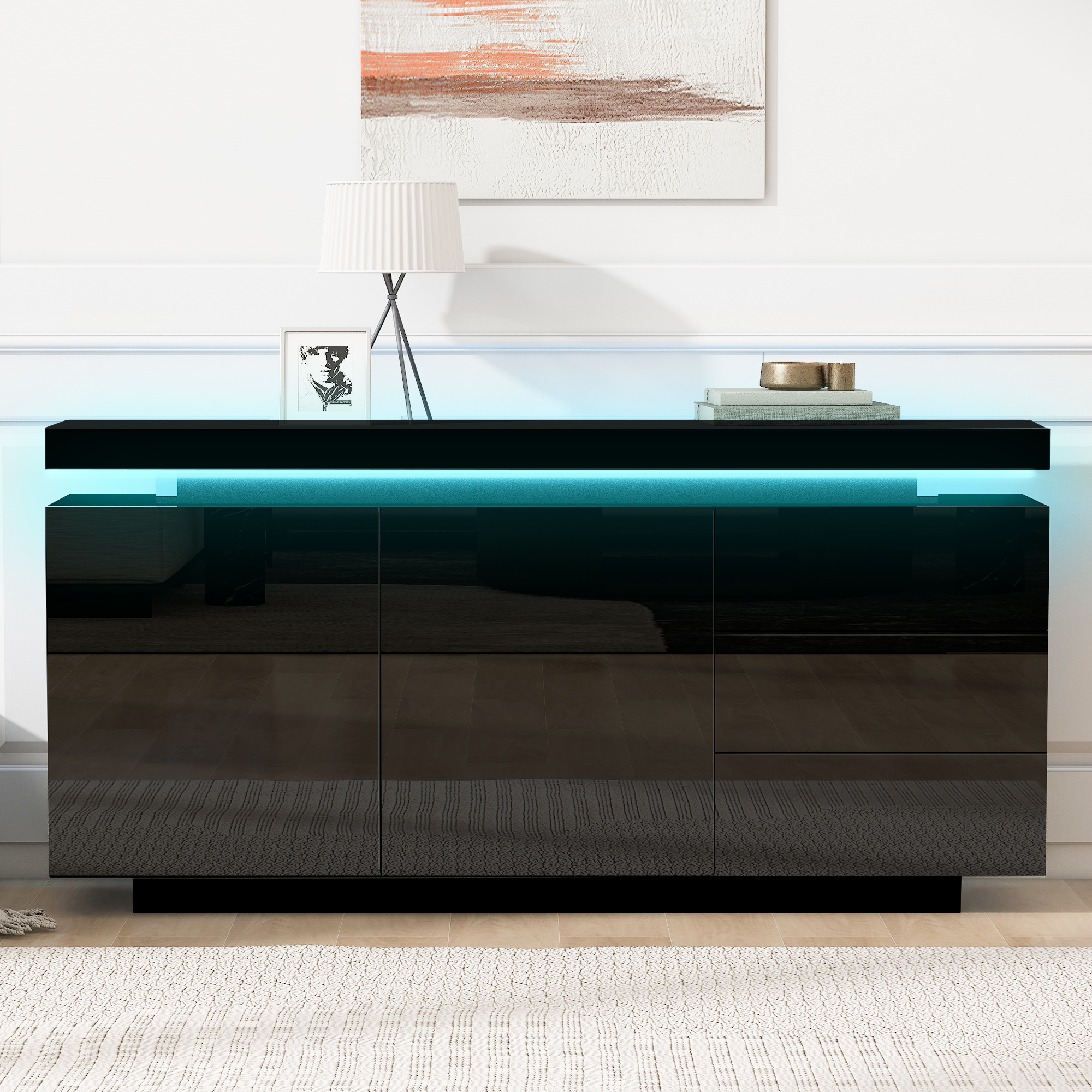 Buffet de cuisine haut noir brillant 140x72,5cm, 2 portes et 3 tiroirs, meuble rangement moderne sans poignées pour salon ou entrée
