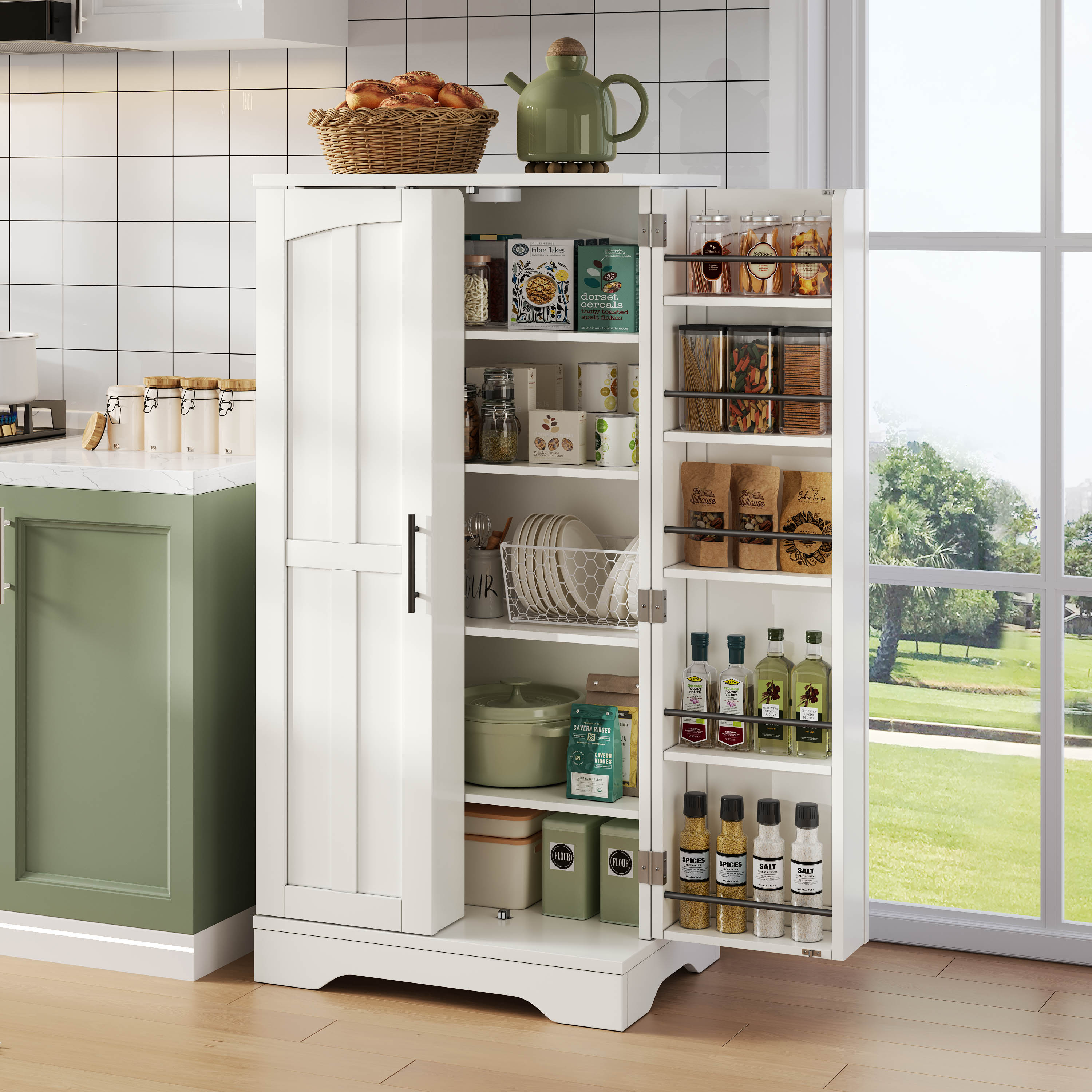 Buffet Haut En Panneau composite de fibres de bois à densité Blanc, Armoire De Stockage À 2 Portes Avec Poignées Métal Et Verrouillage Clip, Design Minimaliste Moderne