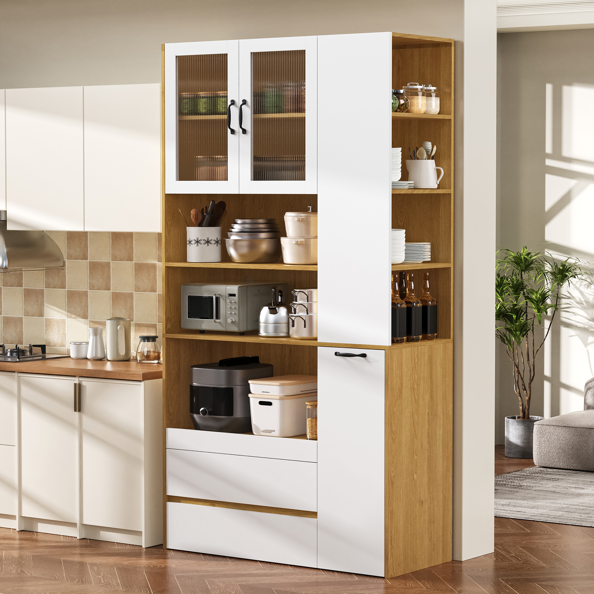 Buffet de cuisine haut 100x200 cm, meuble rangement blanc et bois naturel avec tiroirs intégrés et portes en verre cannelé pour salle à manger