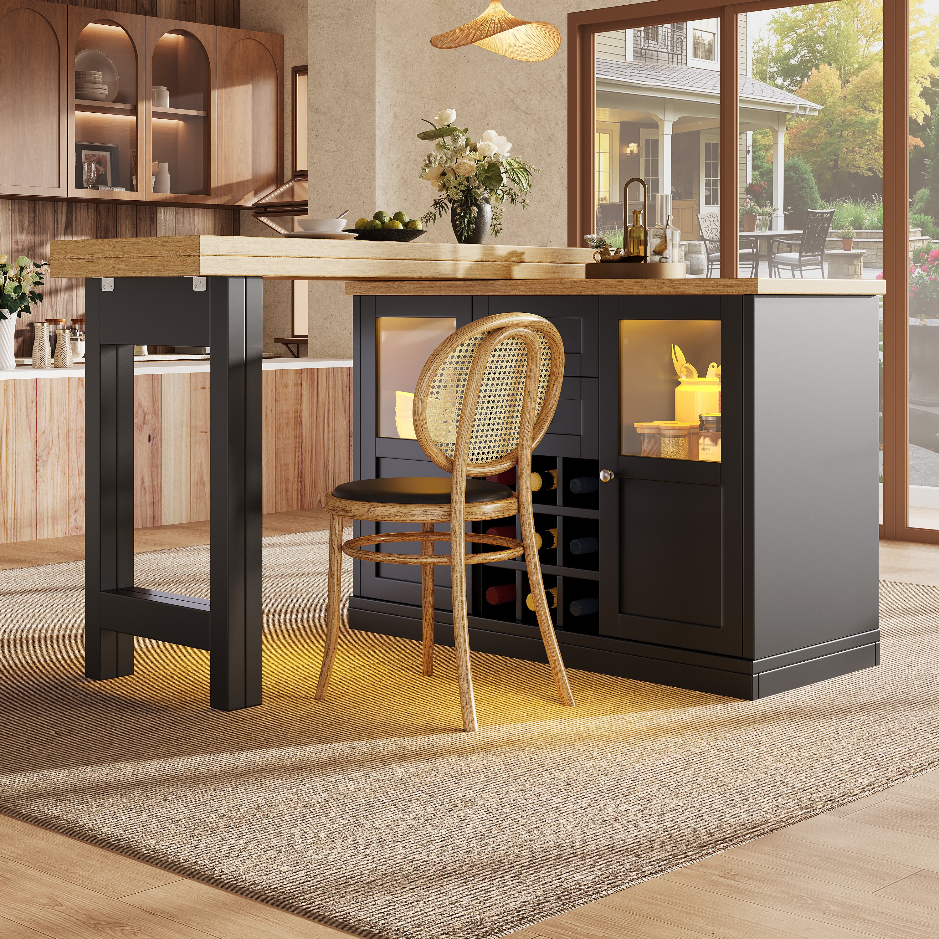 Buffet Extensible Noir avec Éclairage LED Intégré, Meuble Rangement Cuisine avec Tiroirs et Portes Coulissantes, Structure Panneau composite de fibres de bois à densité Robuste