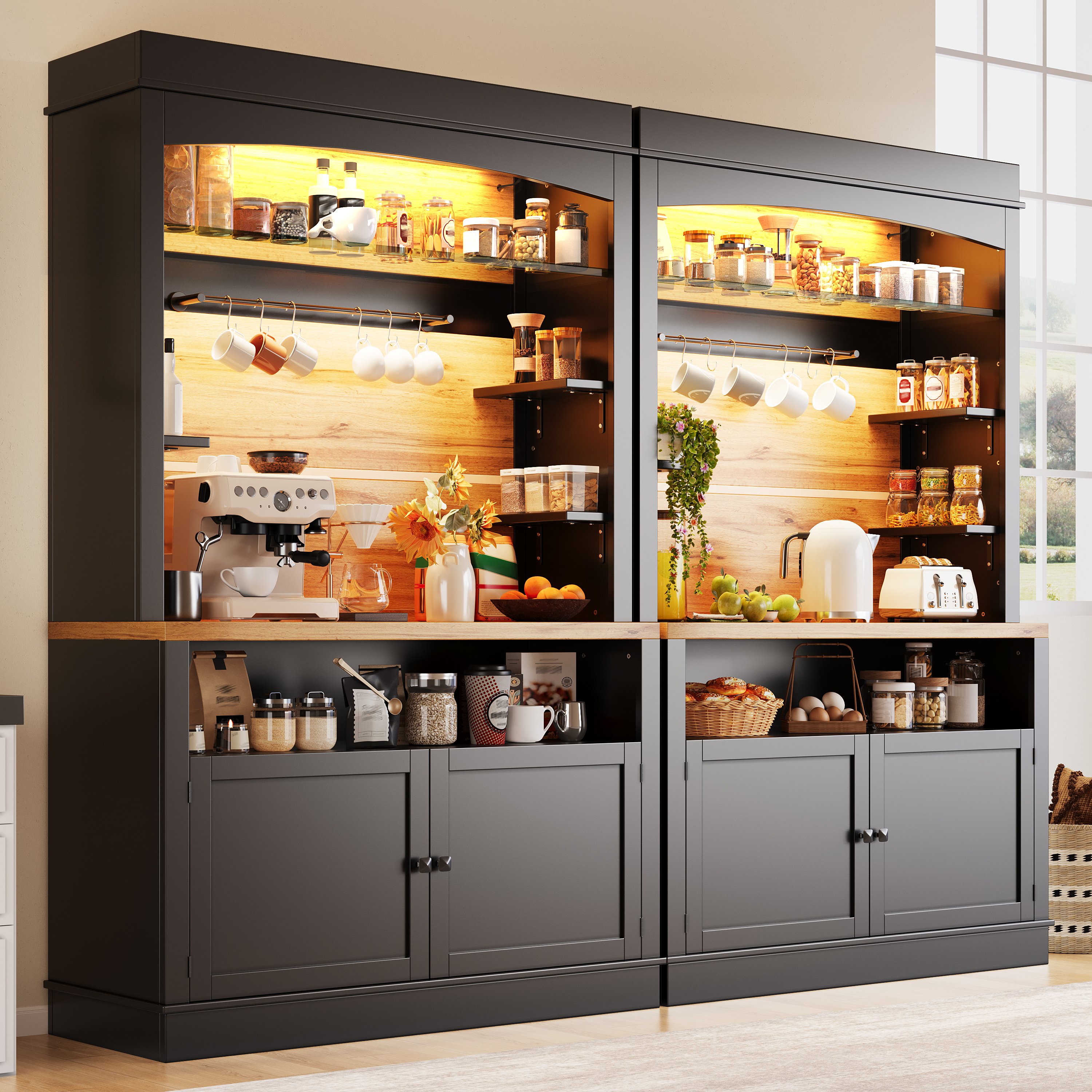Buffet Haut 107x43x184 cm, Grand Meuble Rangement Cuisine avec Plaque de Travail et Rangements Multiples