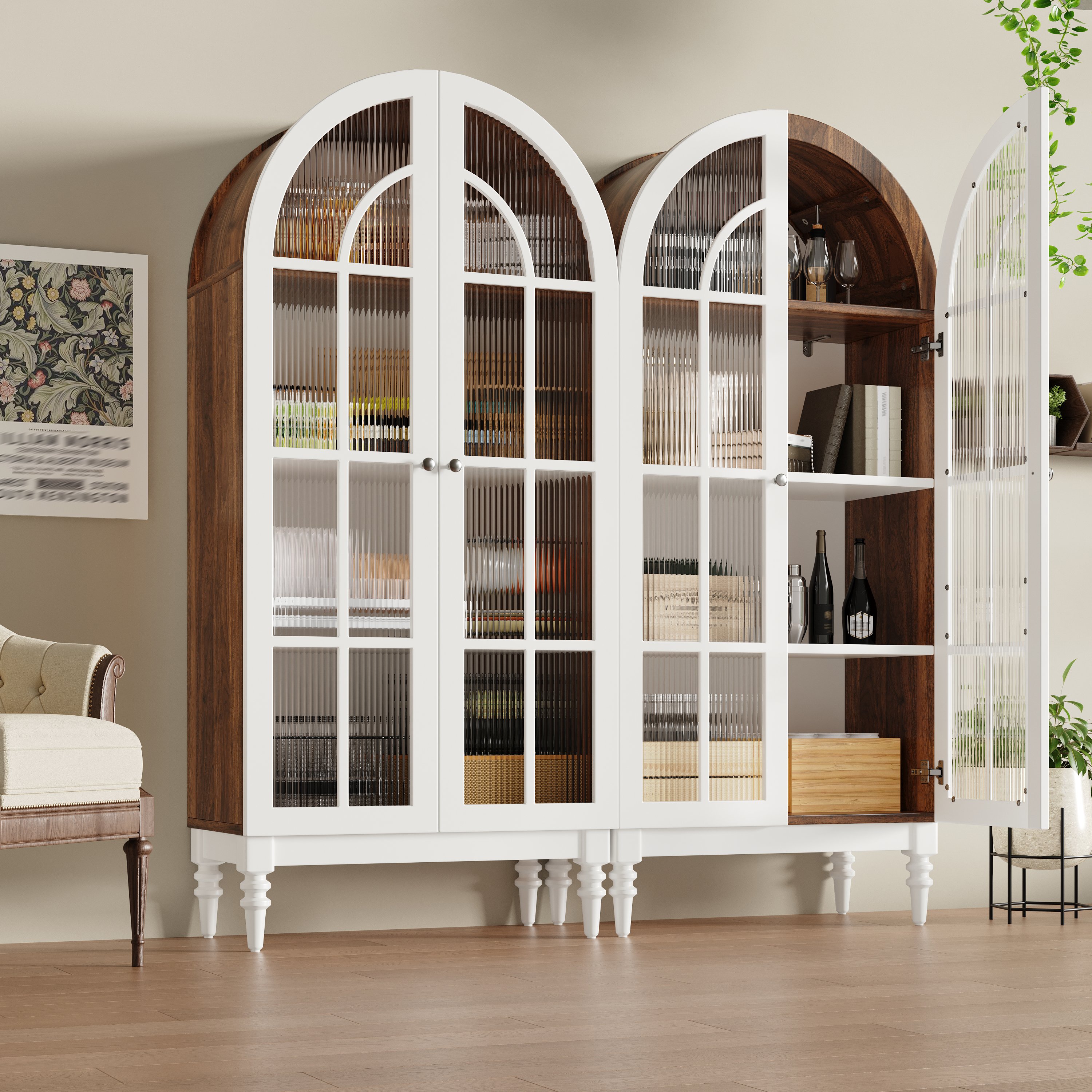 Buffet de cuisine haut 165 cm avec portes vitrées ondulées et éclairage LED intégré pour vaisselle et décoration
