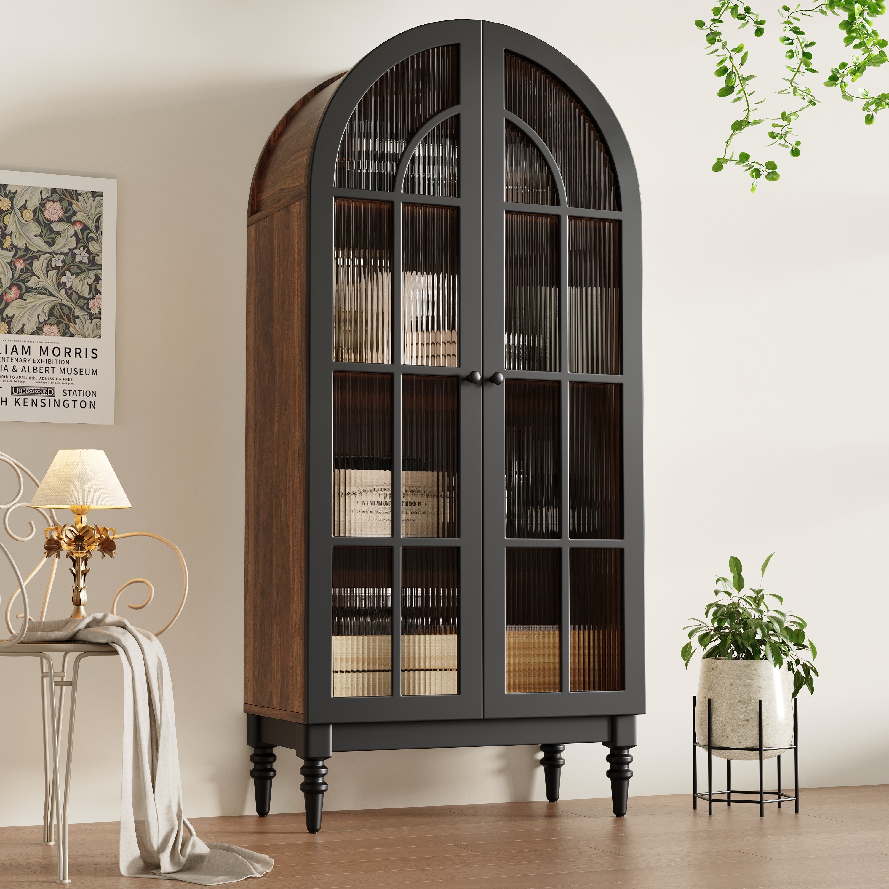 Buffet de cuisine haut noir, dimensions 152x38.5x165 cm, meuble rangement avec portes en verre et éclairage LED pour salon