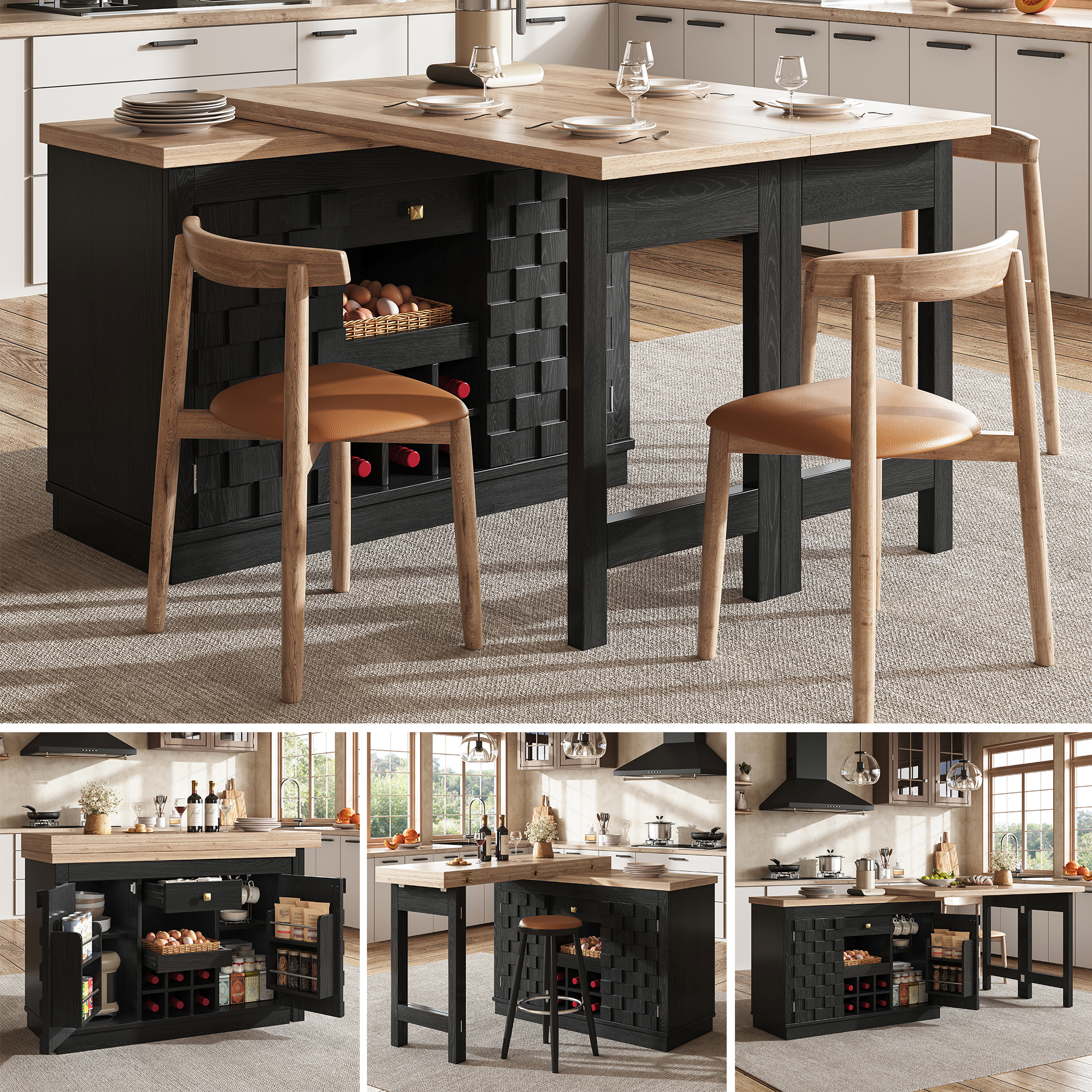 Buffet Cuisine Extensible 120x40x74,2 cm à 197 cm, Meuble Rangement Étroit pour Petite Cuisine avec Organisation Intérieure