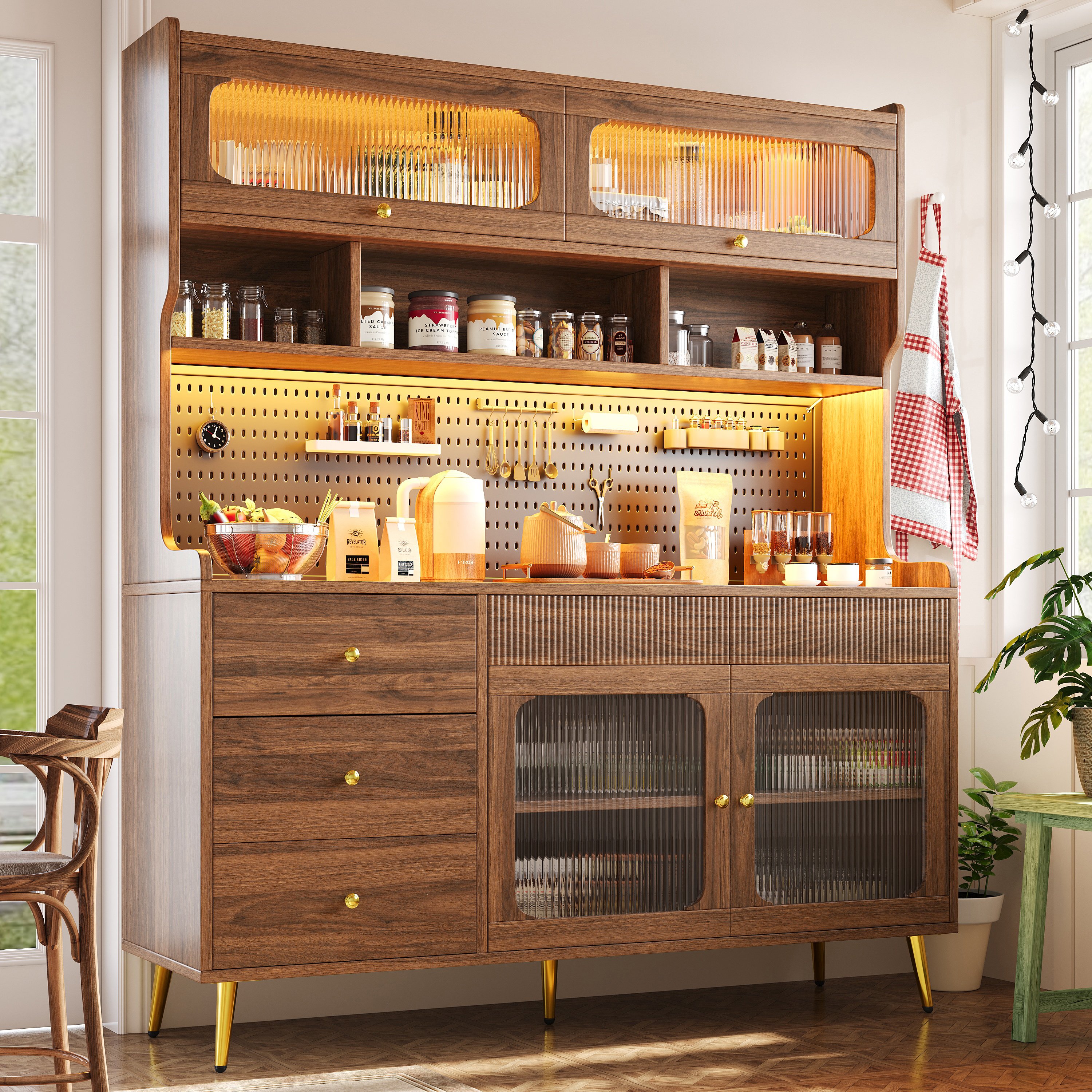 Buffet de cuisine haut 145x39x171 cm Panneau composite de fibres de bois à densité couleur noyer avec porte en verre cannelé et éclairage LED intégré