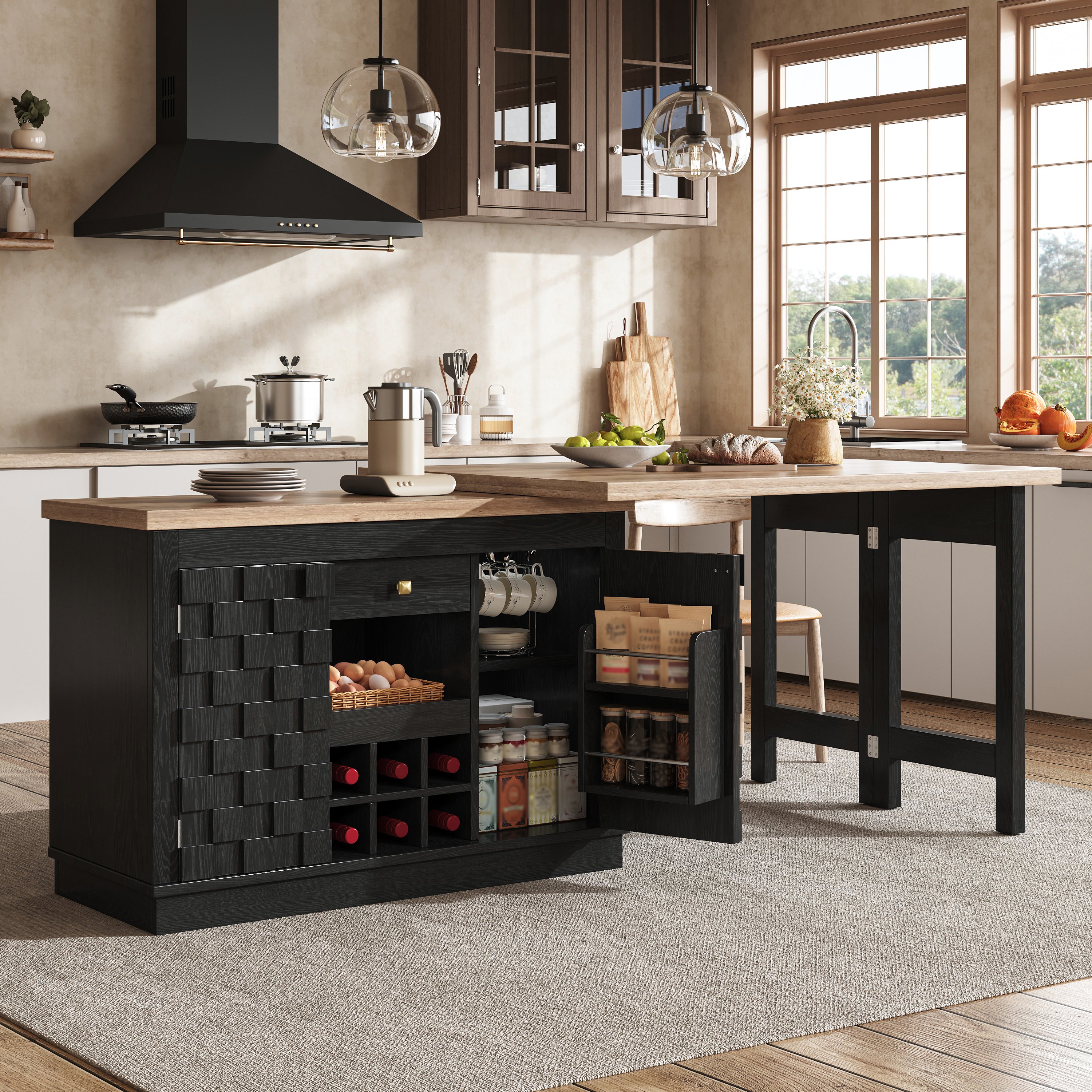 Buffet Cuisine Extensible 120x40x74,2 cm à 197 cm, Meuble Rangement Étroit pour Petite Cuisine avec Organisation Intérieure