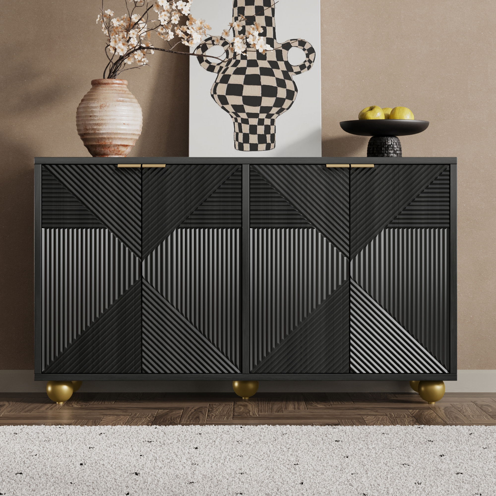 Buffet Noir Dimensions 120x35x71,5 cm avec 4 Portes et Intérieur Modulable Meuble de Rangement Compact et Élégant