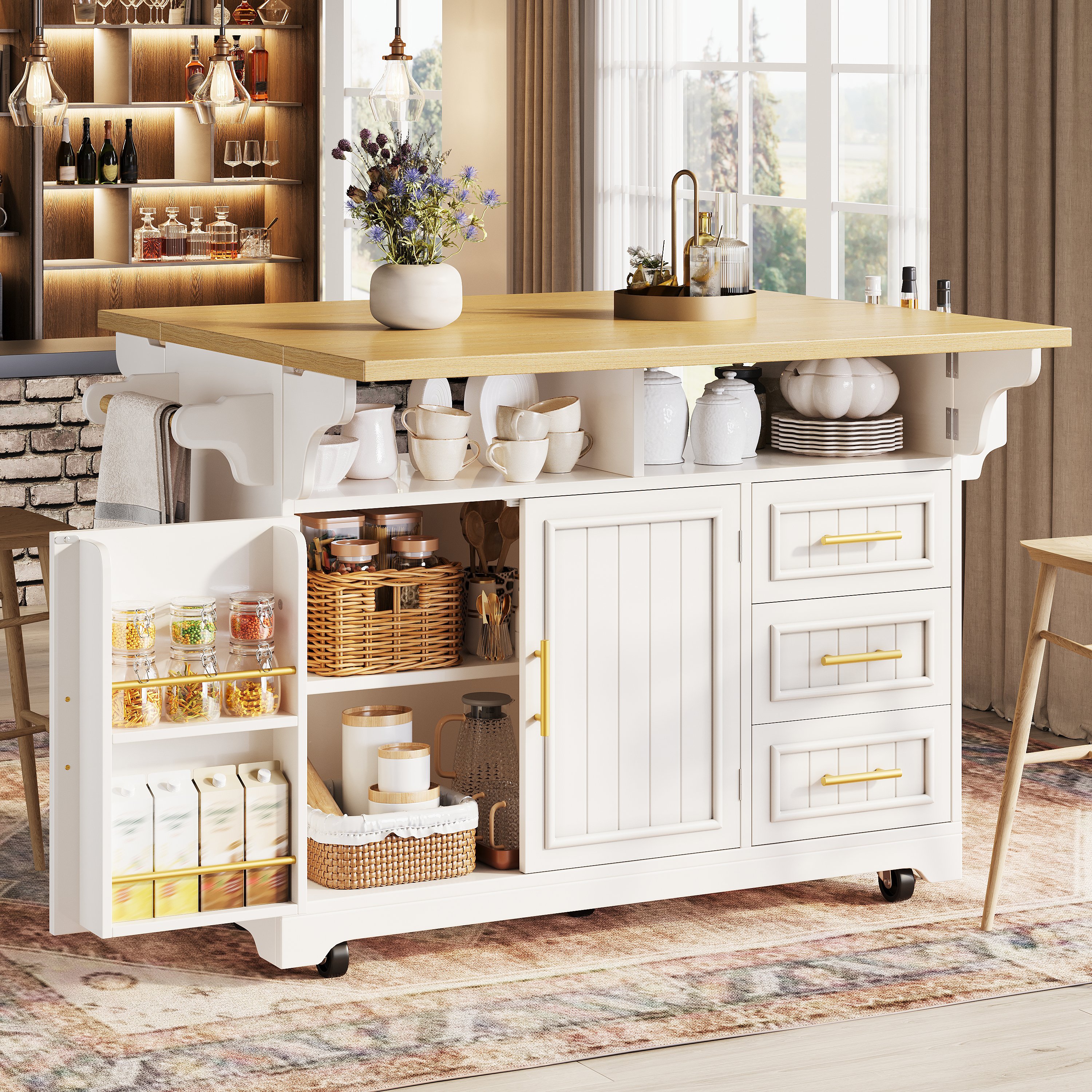 Buffet Cuisine Blanc Extensible avec 3 Tiroirs et Roulettes, Meuble Rangement Design Portes Rayées Verticales 120x40x95 cm