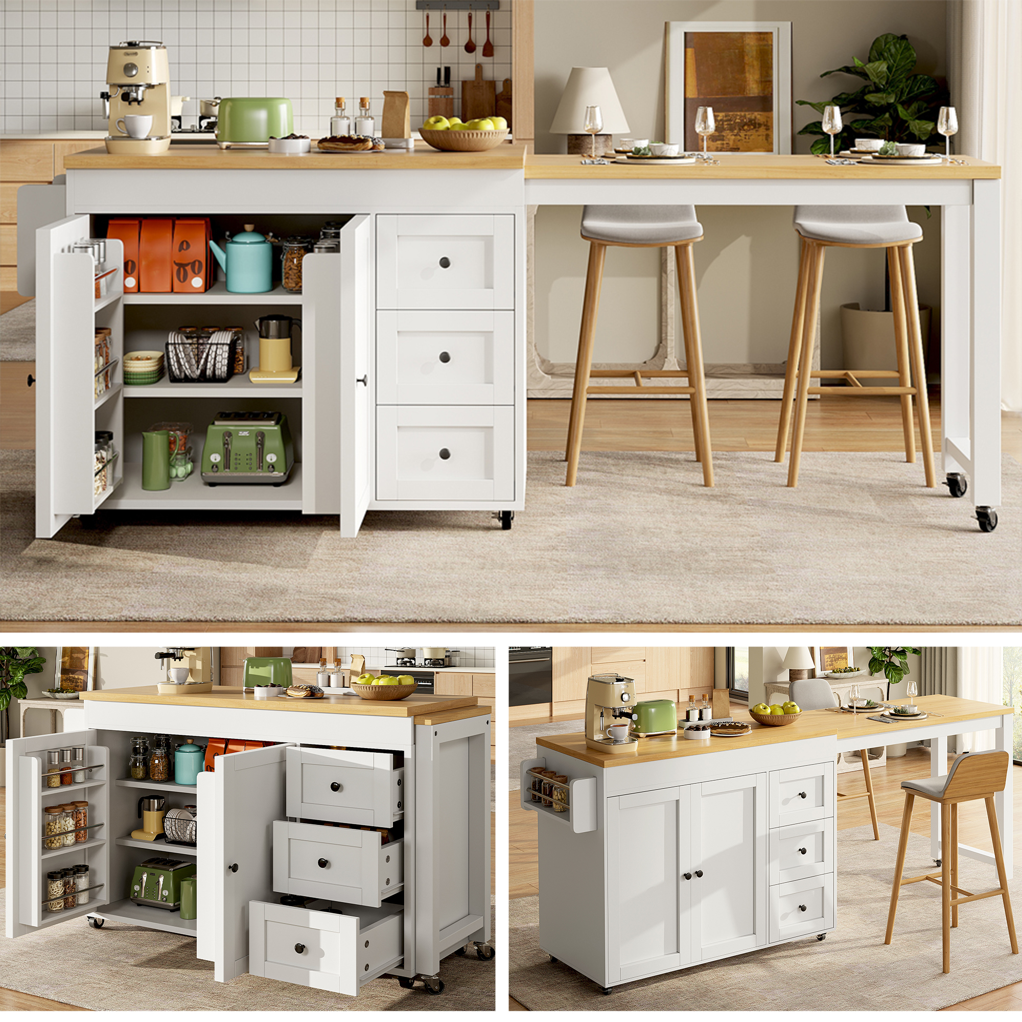 Buffet Extensible Cuisine Blanc, Meuble Rangement avec 3 Tiroirs et Roulettes, Design Moderne pour Salle à Manger