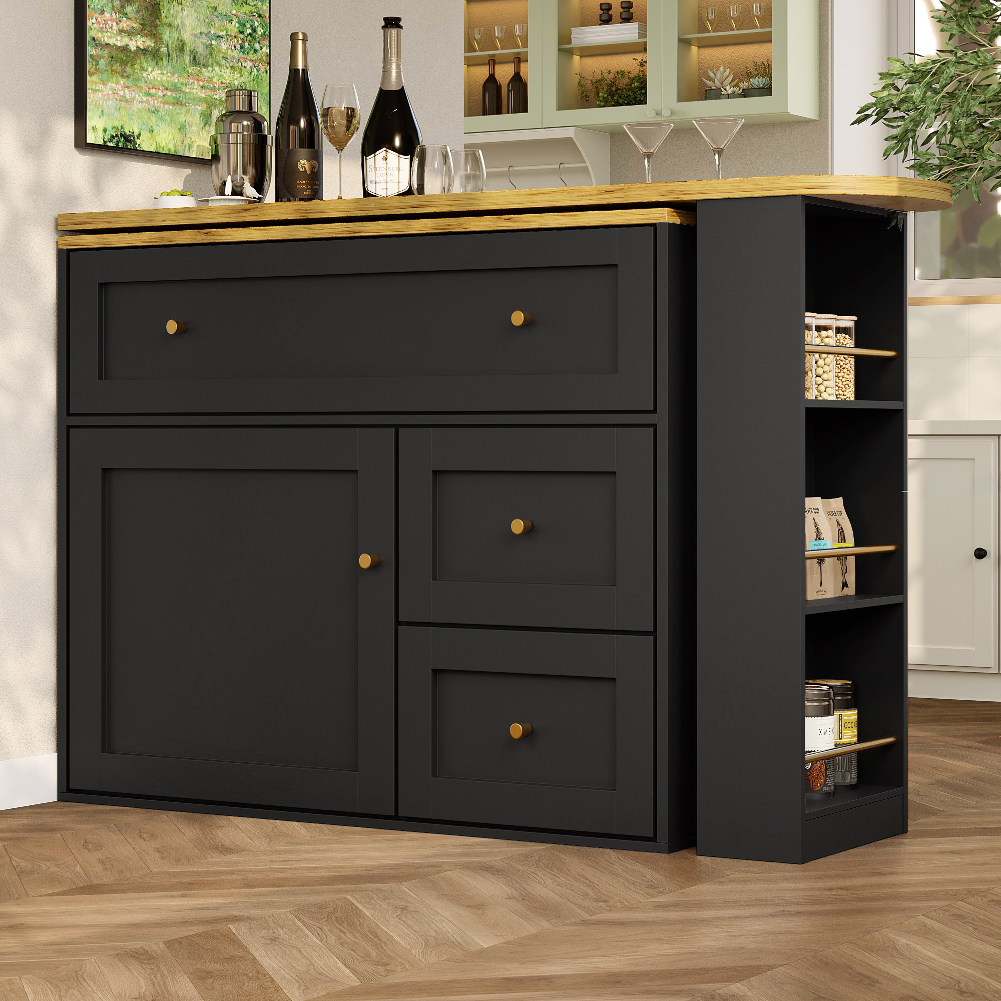 Buffet Noir Extensible Panneau composite de fibres de bois à densité Métal avec Tiroirs Pliants Intégrés et Étagère Snack pour Cuisine ou Salon