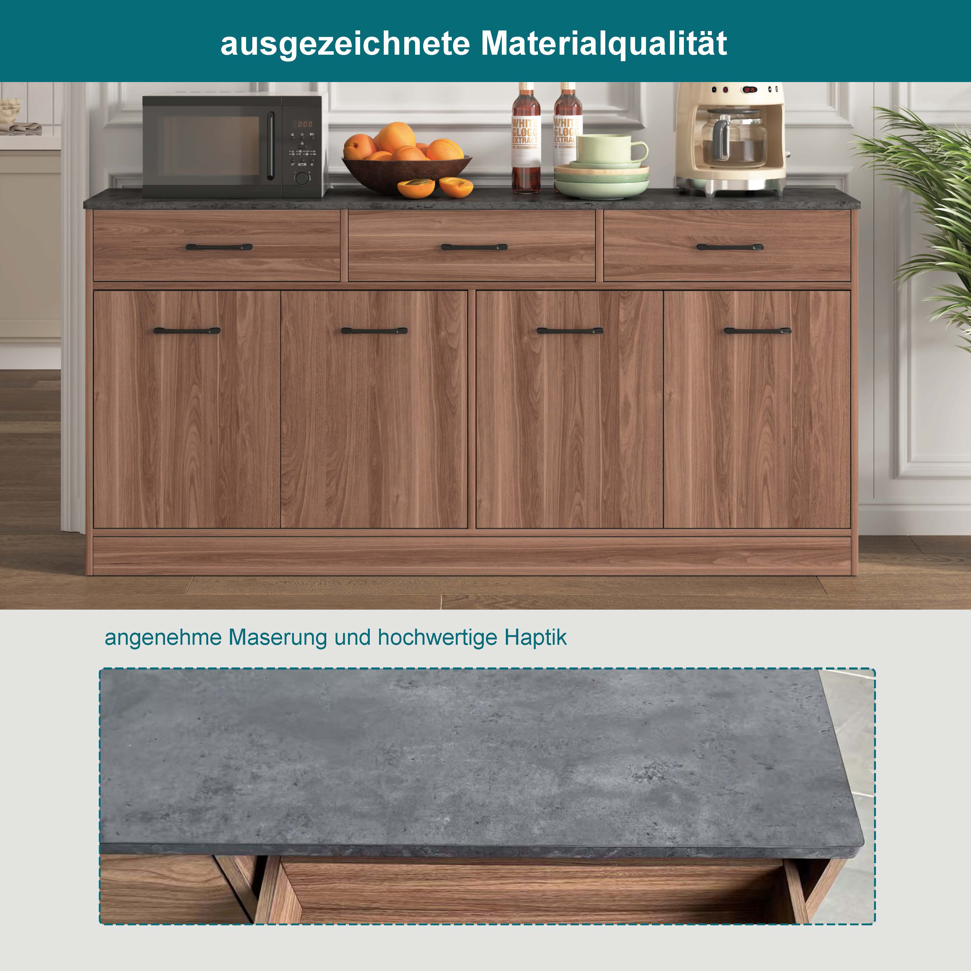 Buffet Contemporain avec 3 Tiroirs et Plateau Effet Béton, Design Noyer pour Cuisine Moderne, Dimensions 160x37x76,5 cm