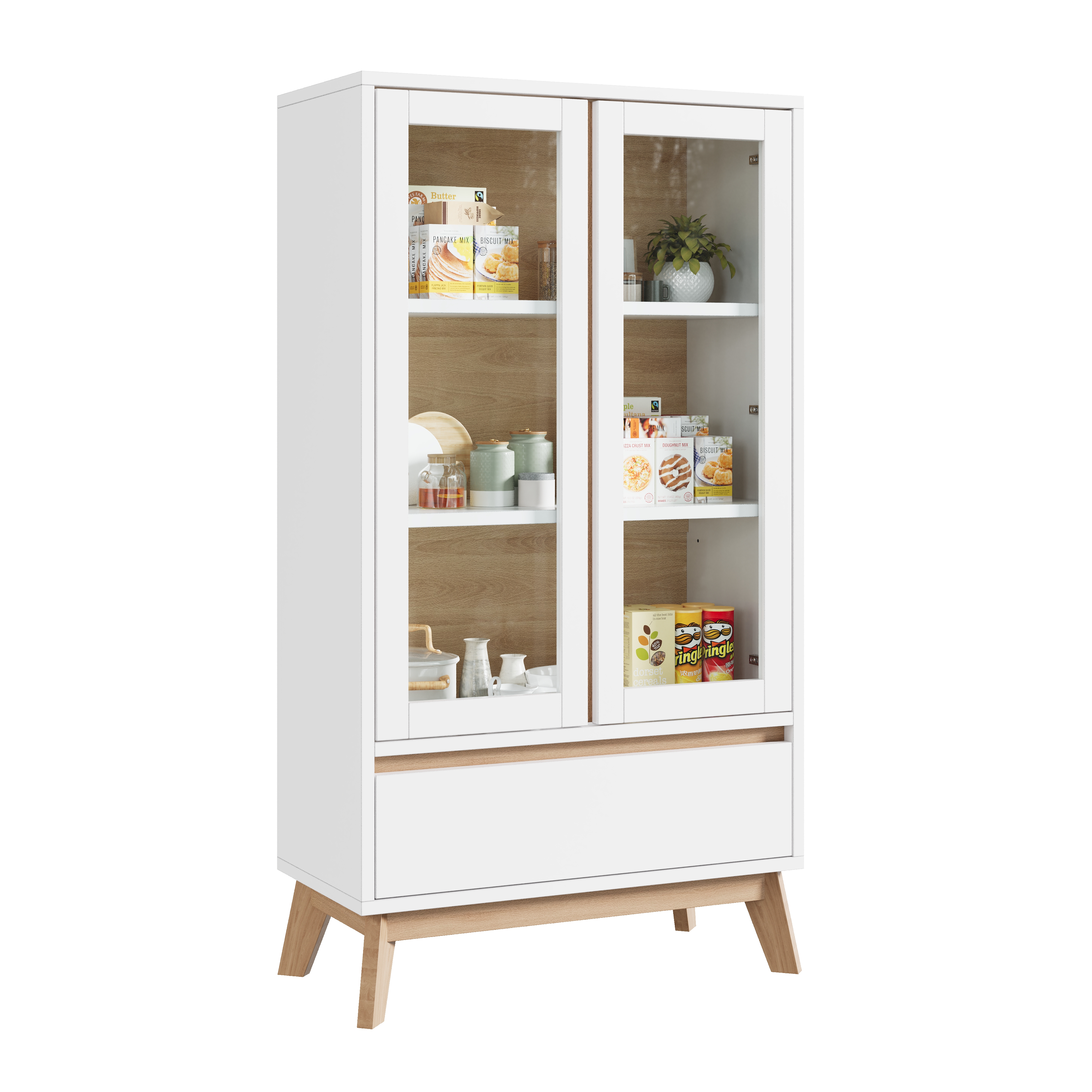 Buffet de cuisine blanc et bois, meuble rangement avec tiroir intégré et étagères ajustables, dimensions 80x40x150 cm