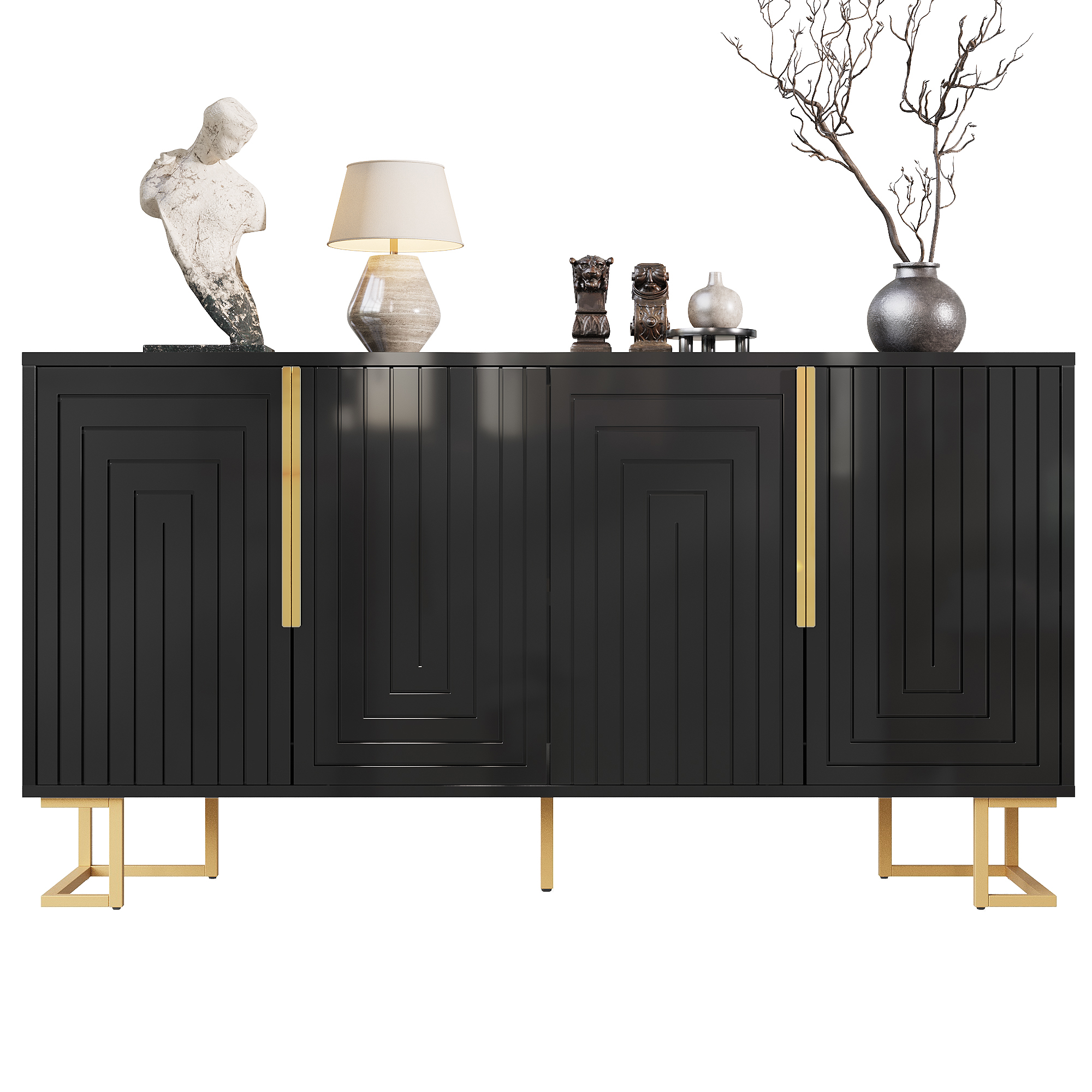 Buffet Noir 152x40x75 cm avec Éclairage LED Intégré et Système Anti-Basculement Sécurisé pour Rangement Salon