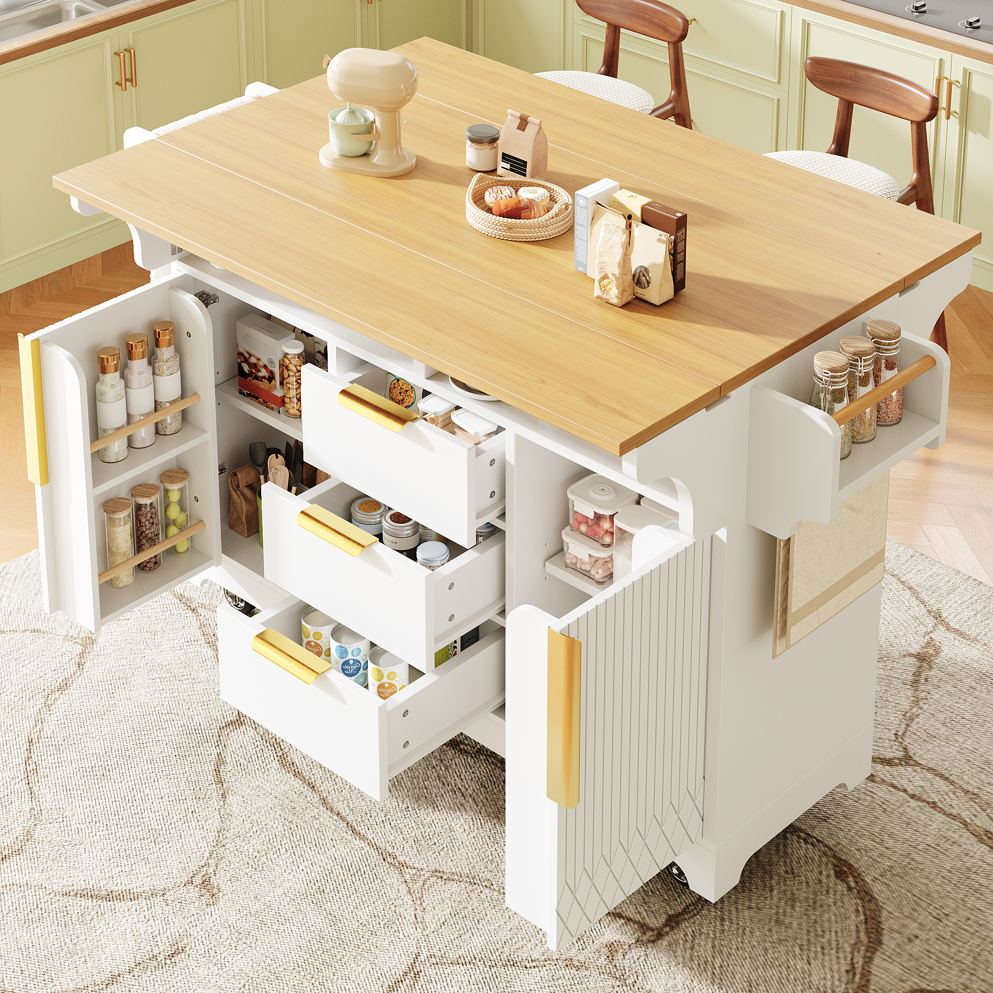 Buffet avec Table Extensible Rétractable, 3 Tiroirs et Portes, Meuble de Cuisine Multifonction sur Roulettes