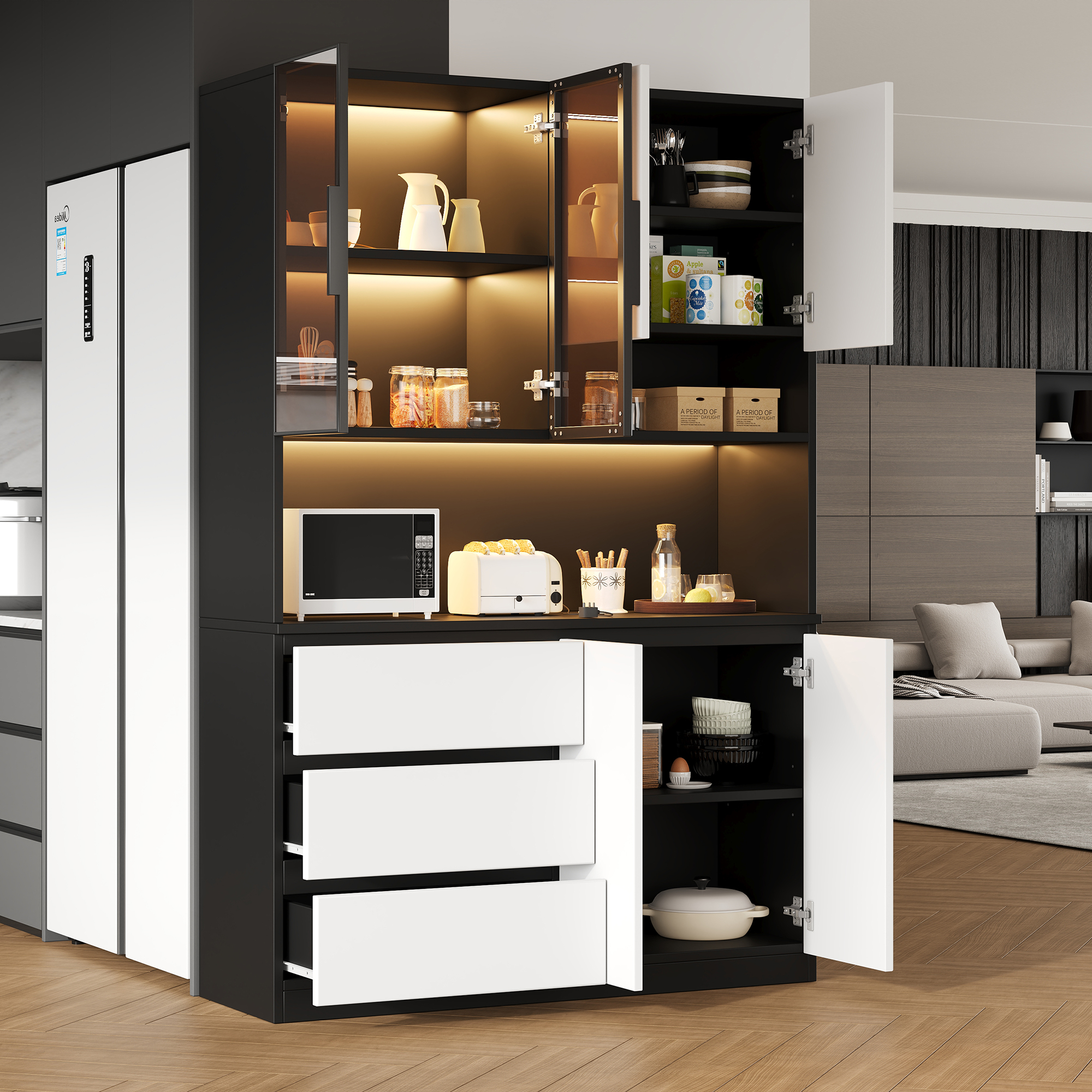 Buffet Moderne Blanc Noir avec LED Intégrée, Meuble Vaisselle 6 Portes 3 Tiroirs, Étagères Ajustables, 120x40x180 cm