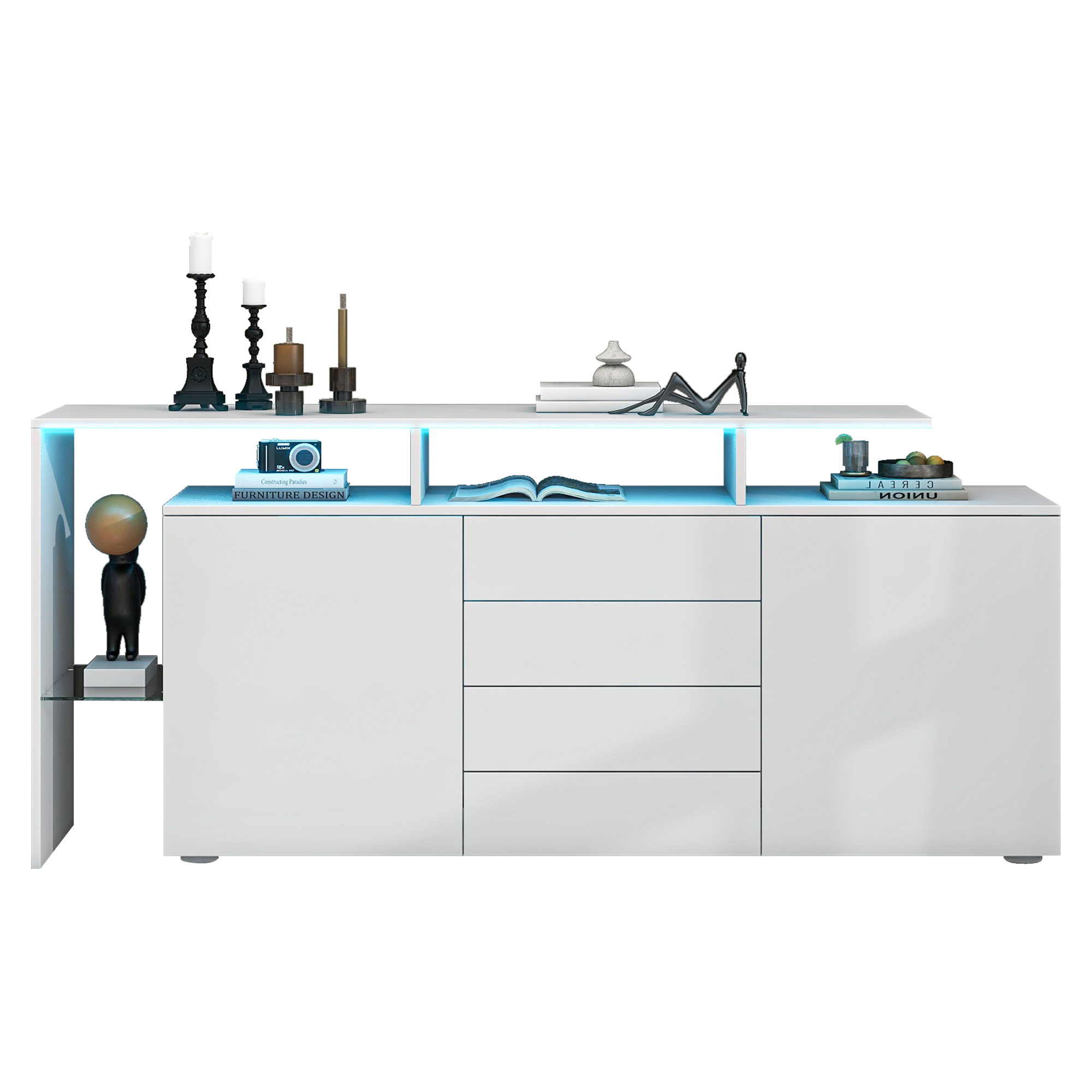 Buffet de cuisine blanc brillant 160x70x35 cm avec 4 tiroirs et 2 portes, meuble de rangement moderne