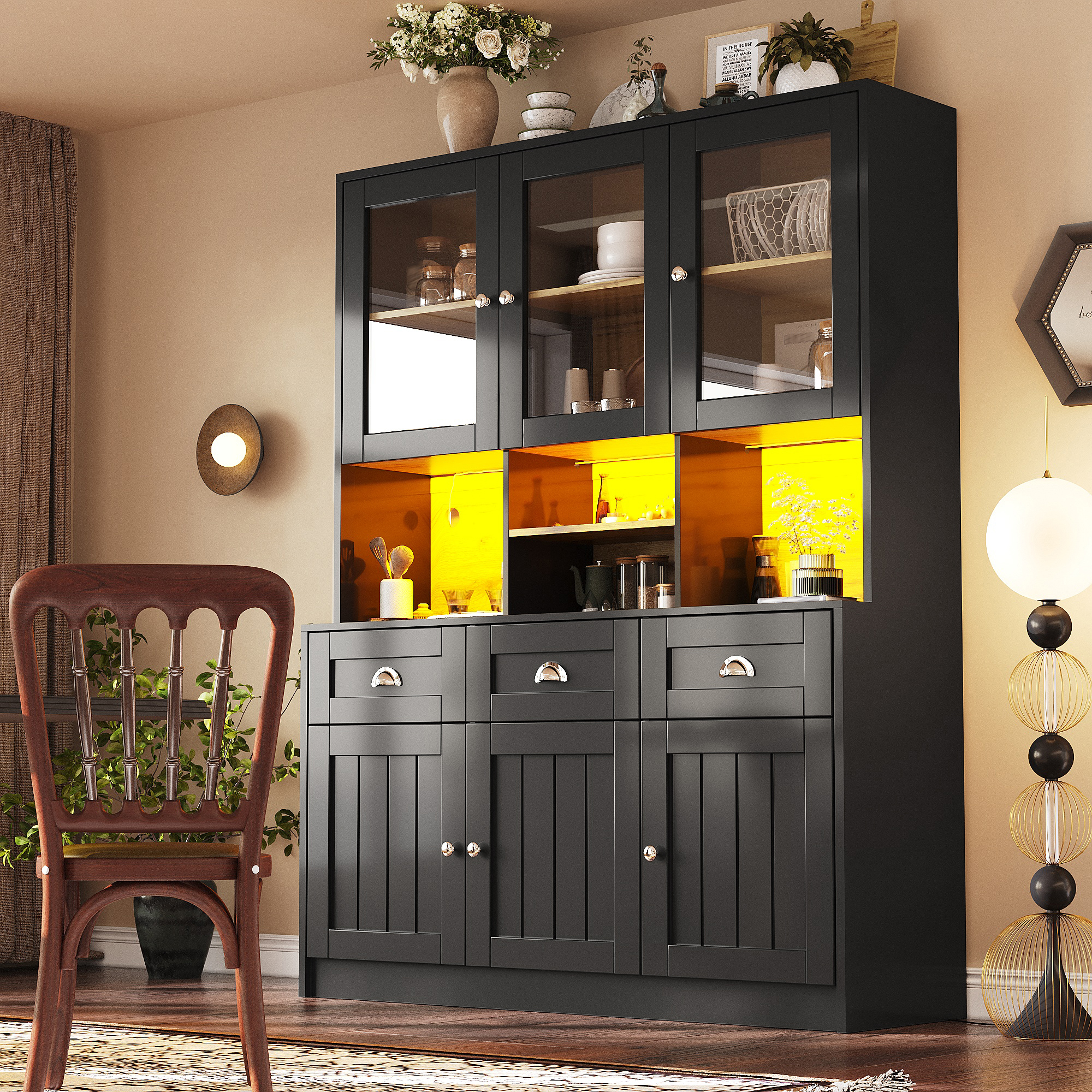 Buffet de cuisine haut 140x175 cm, Meuble vaisselier Panneau composite de fibres de bois à densité noir avec portes en acrylique et étagères réglables