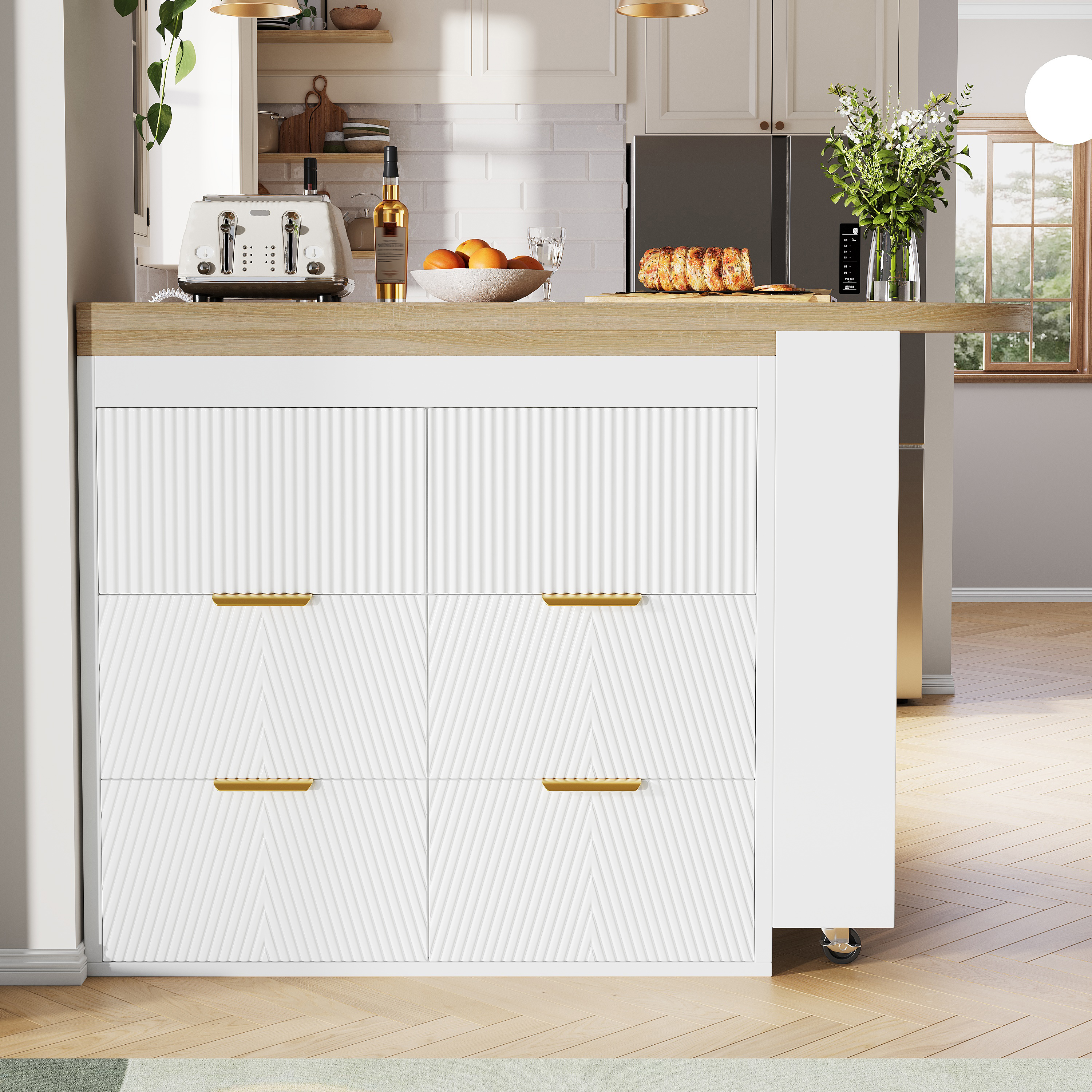 Buffet Blanc 6 Tiroirs, Meuble Rangement Cuisine Moderne avec Structure Métal et Panneau composite de fibres de bois à densité, Design Contemporain pour Salle à Manger