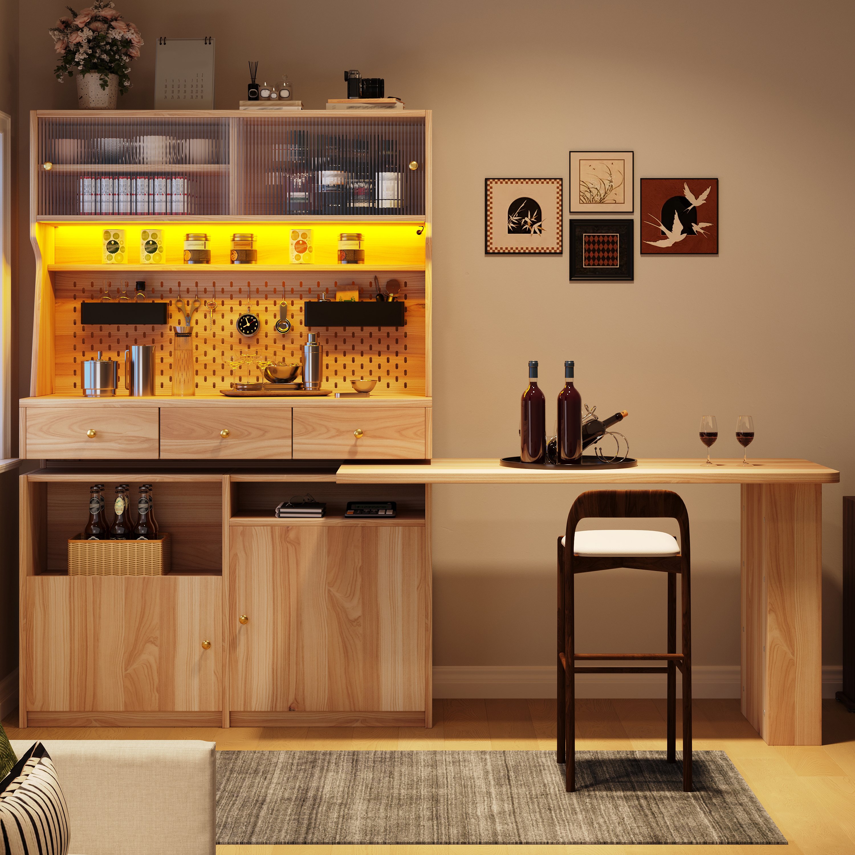 Buffet de cuisine haut 177.7x74x137 cm, capacité de charge 60 kg, rangement modulaire avec étagères ajustables